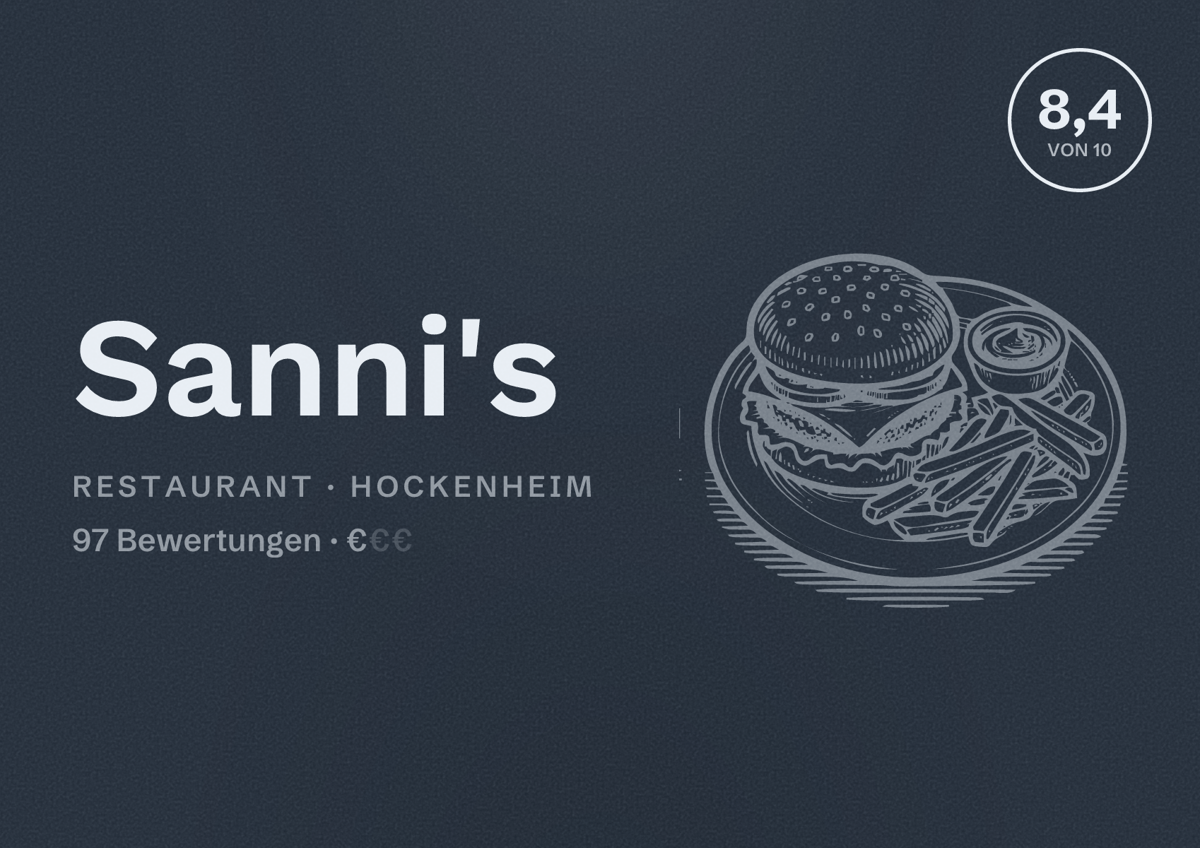 Illustriertes Poster von Sanni's, Restaurant in Hockenheim: Bewertung 8,4 von 10 aus 97 Bewertungen, Preisniveau €