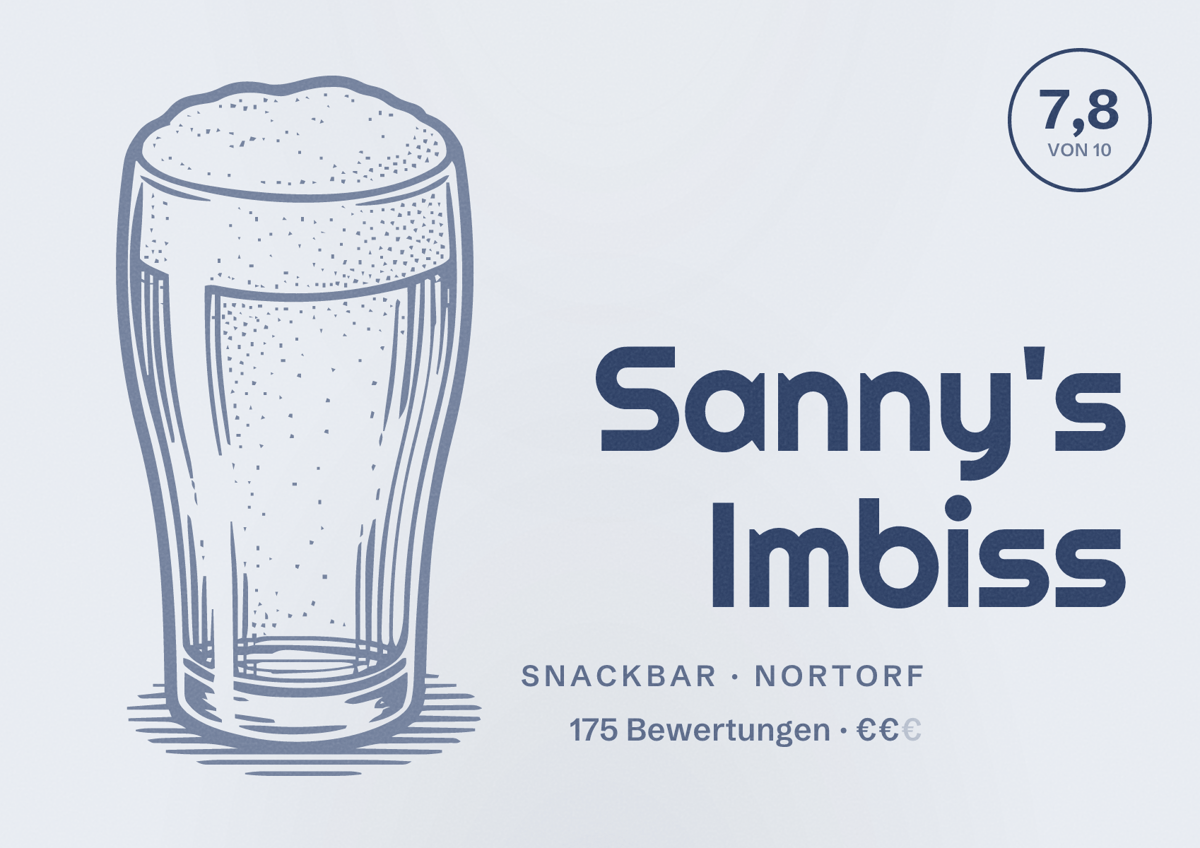 Illustriertes Poster von Sanny's Imbiss, Snackbar in Nortorf: Bewertung 7,8 von 10 aus 175 Bewertungen, Preisniveau €€