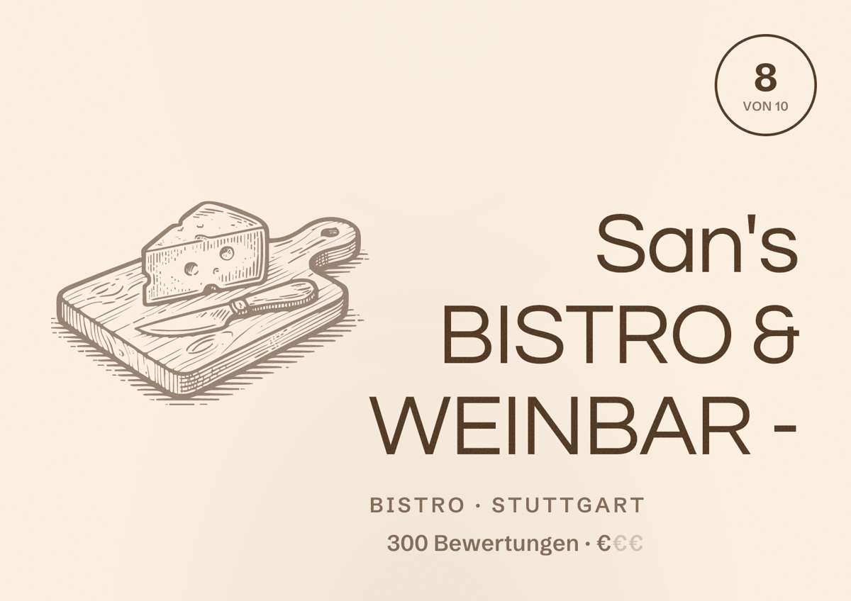 Illustriertes Poster von San's BISTRO & WEINBAR -, Bistro in Stuttgart: Bewertung 8,0 von 10 aus 300 Bewertungen, Preisniveau €