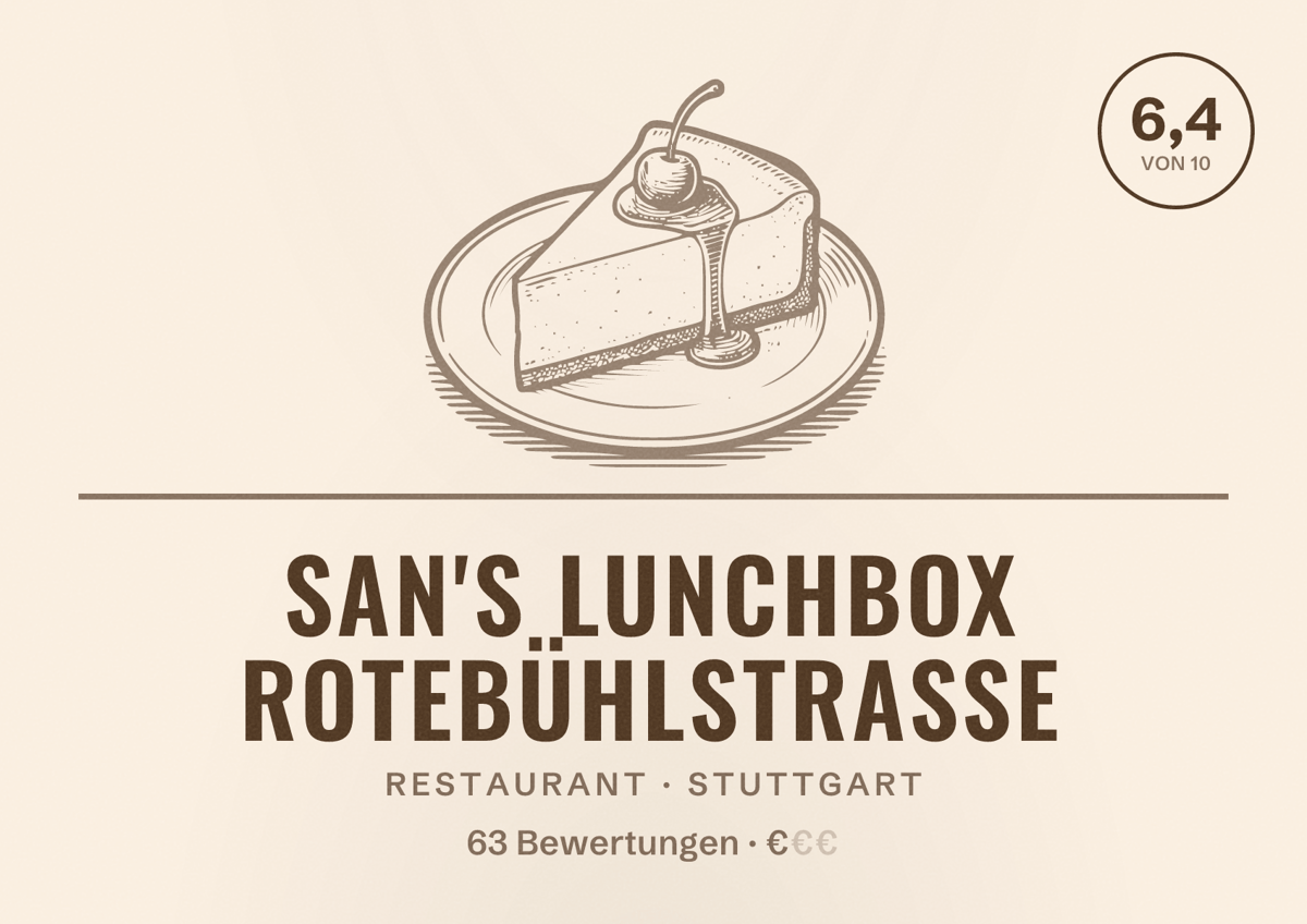 Illustriertes Poster von San's LUNCHBOX Rotebühlstraße, Restaurant in Stuttgart: Bewertung 6,4 von 10 aus 63 Bewertungen, Preisniveau €