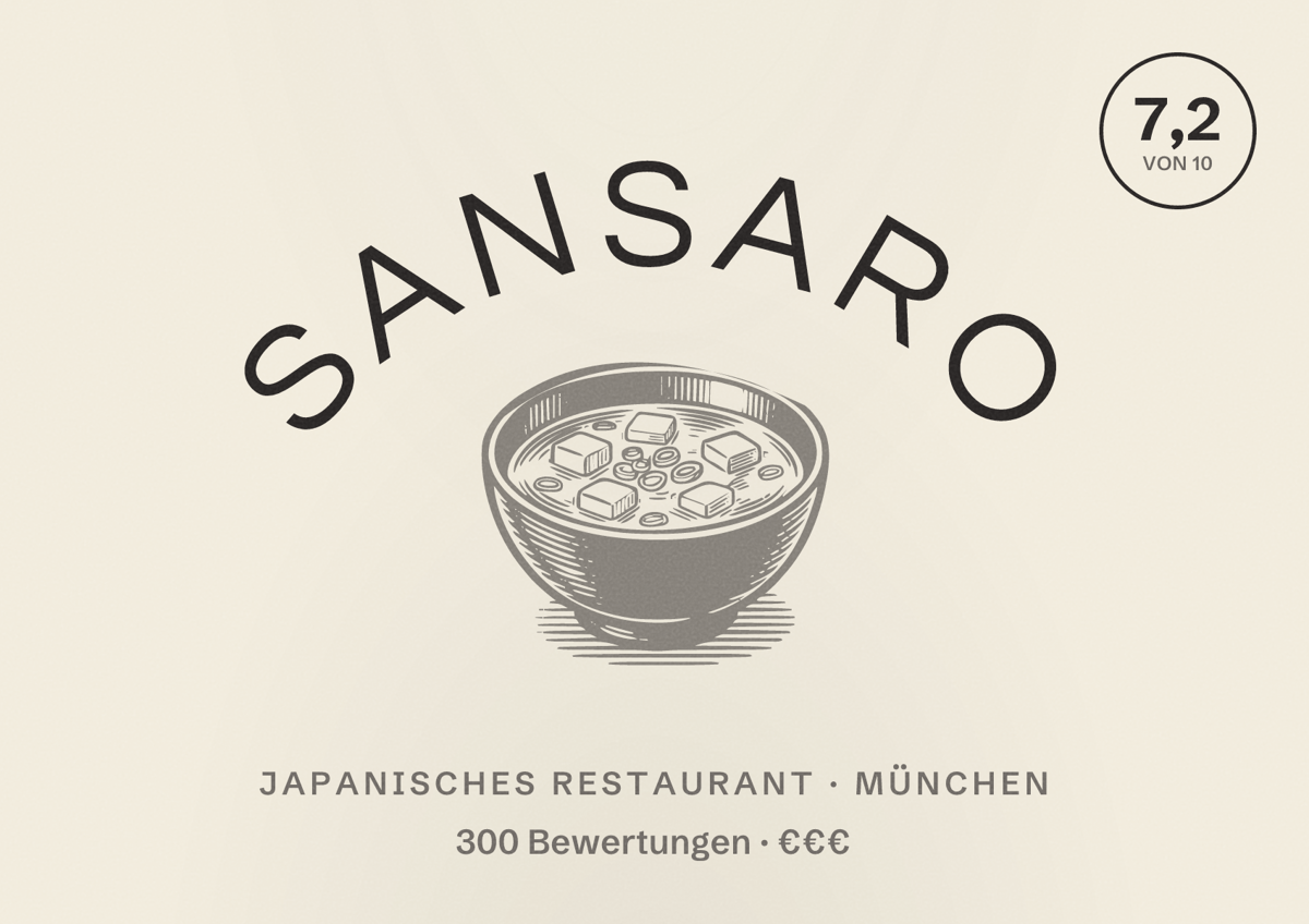 Illustriertes Poster von sansaro, Japanisches Restaurant in München: Bewertung 7,2 von 10 aus 300 Bewertungen, Preisniveau €€€