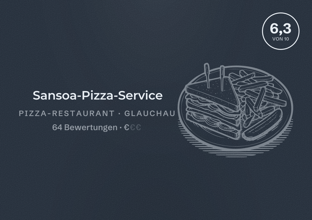 Illustriertes Poster von Sansoa-Pizza-Service, Pizza-Restaurant in Glauchau: Bewertung 6,3 von 10 aus 64 Bewertungen, Preisniveau €