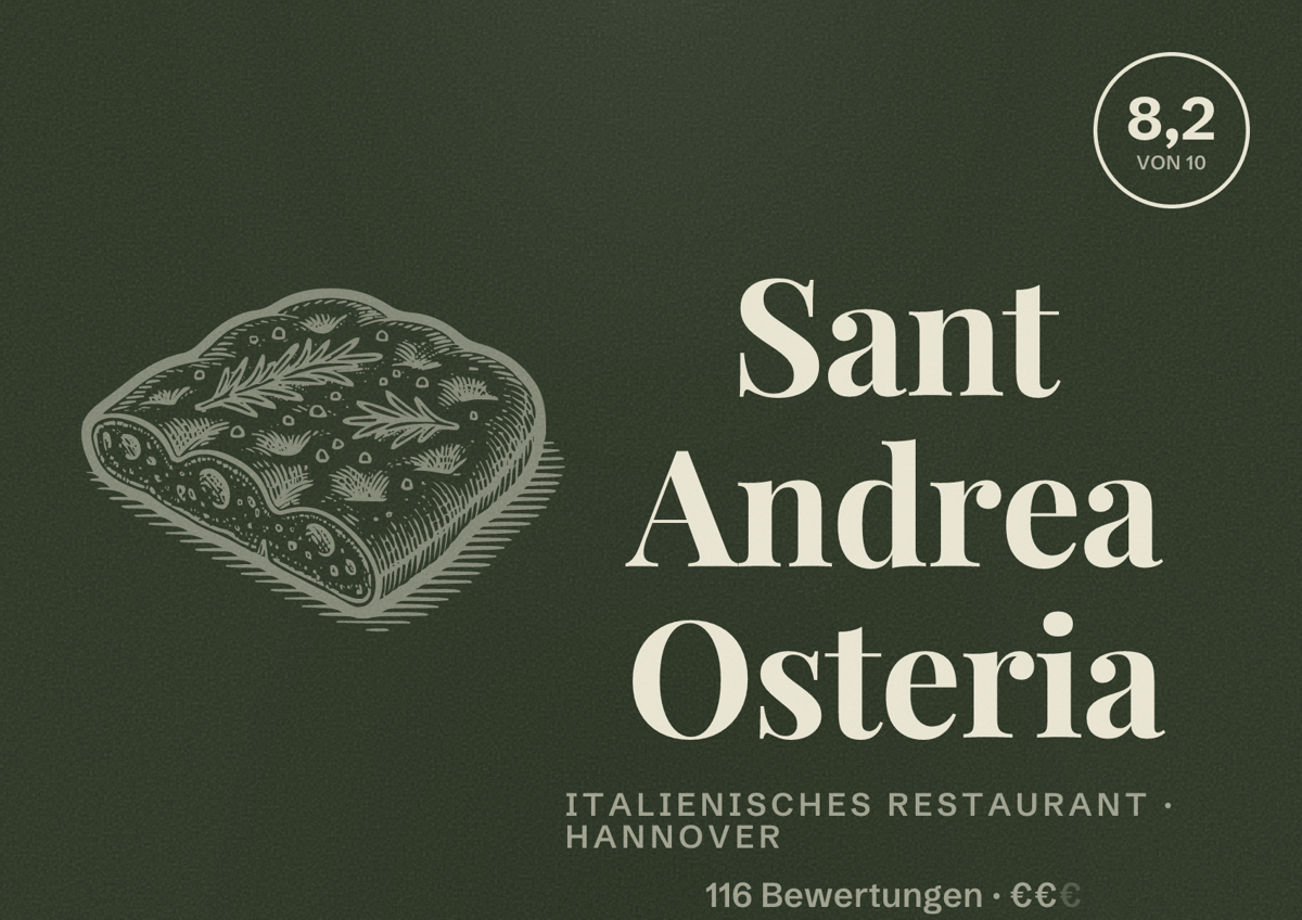 Illustriertes Poster von Sant Andrea Osteria, Italienisches Restaurant in Hannover: Bewertung 8,2 von 10 aus 116 Bewertungen, Preisniveau €€