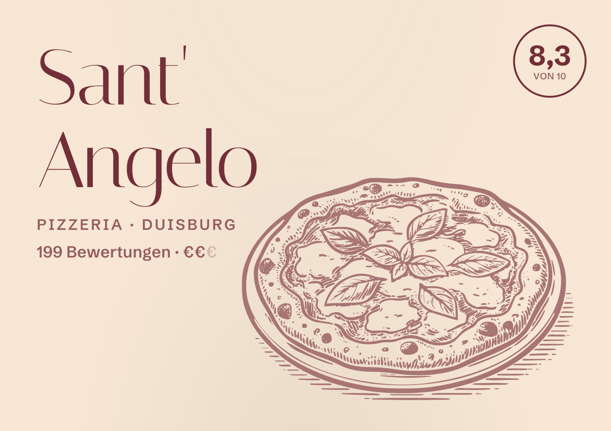 Illustriertes Poster von Sant' Angelo, Pizzeria in Duisburg: Bewertung 8,3 von 10 aus 199 Bewertungen, Preisniveau €€