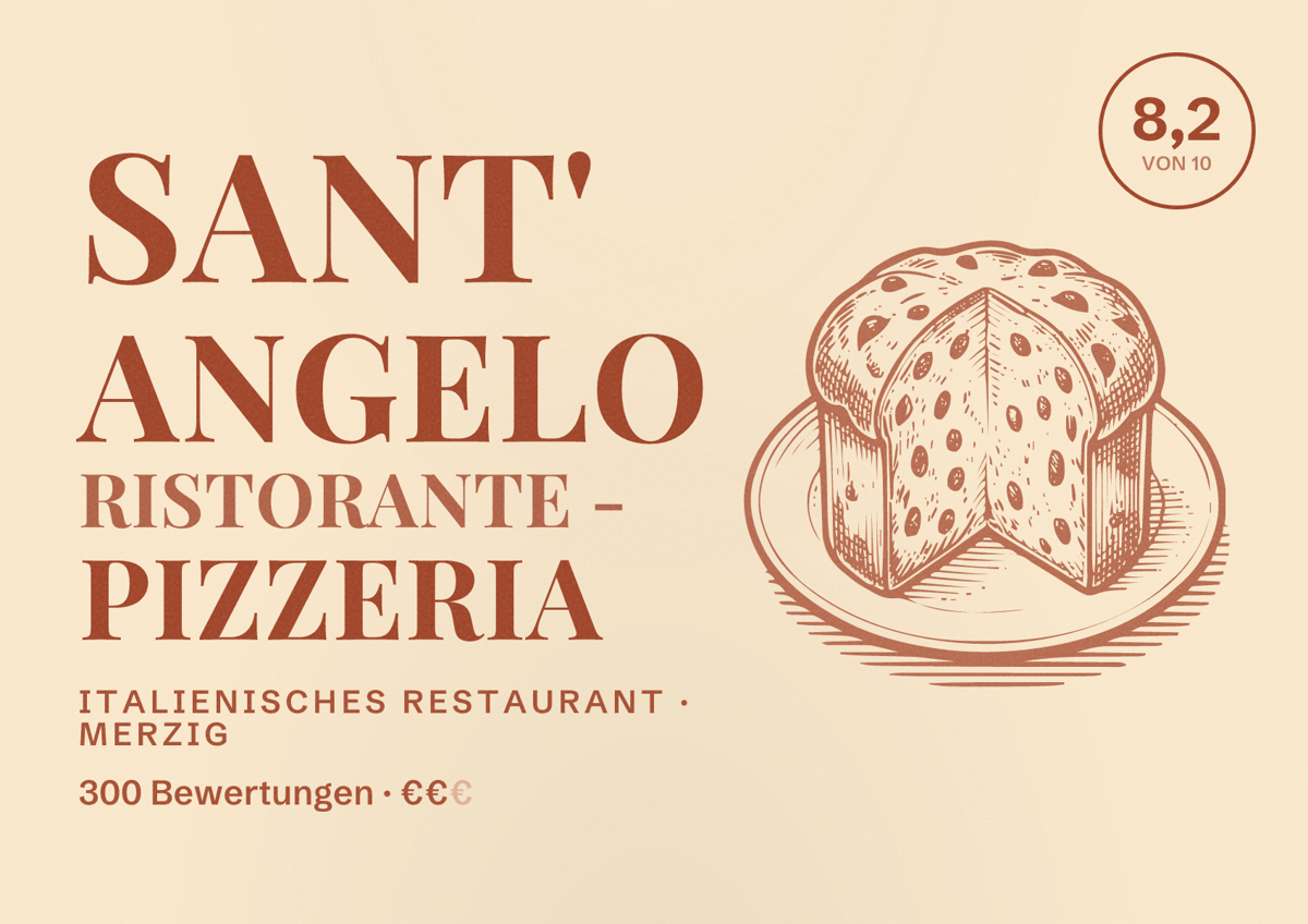 Illustriertes Poster von Sant' Angelo Ristorante - Pizzeria, Italienisches Restaurant in Merzig: Bewertung 8,2 von 10 aus 300 Bewertungen, Preisniveau €€