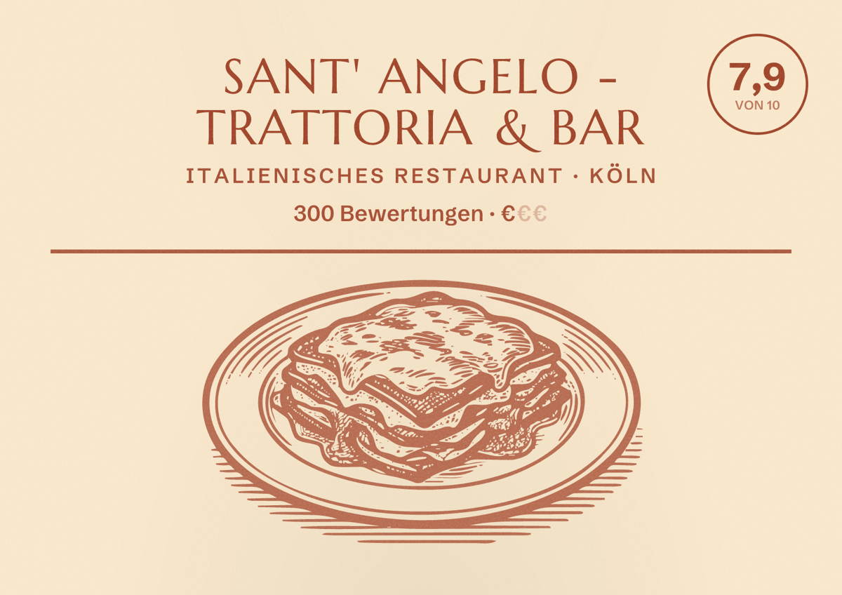 Illustriertes Poster von Sant' Angelo - Trattoria & Bar, Italienisches Restaurant in Köln: Bewertung 7,9 von 10 aus 300 Bewertungen, Preisniveau €