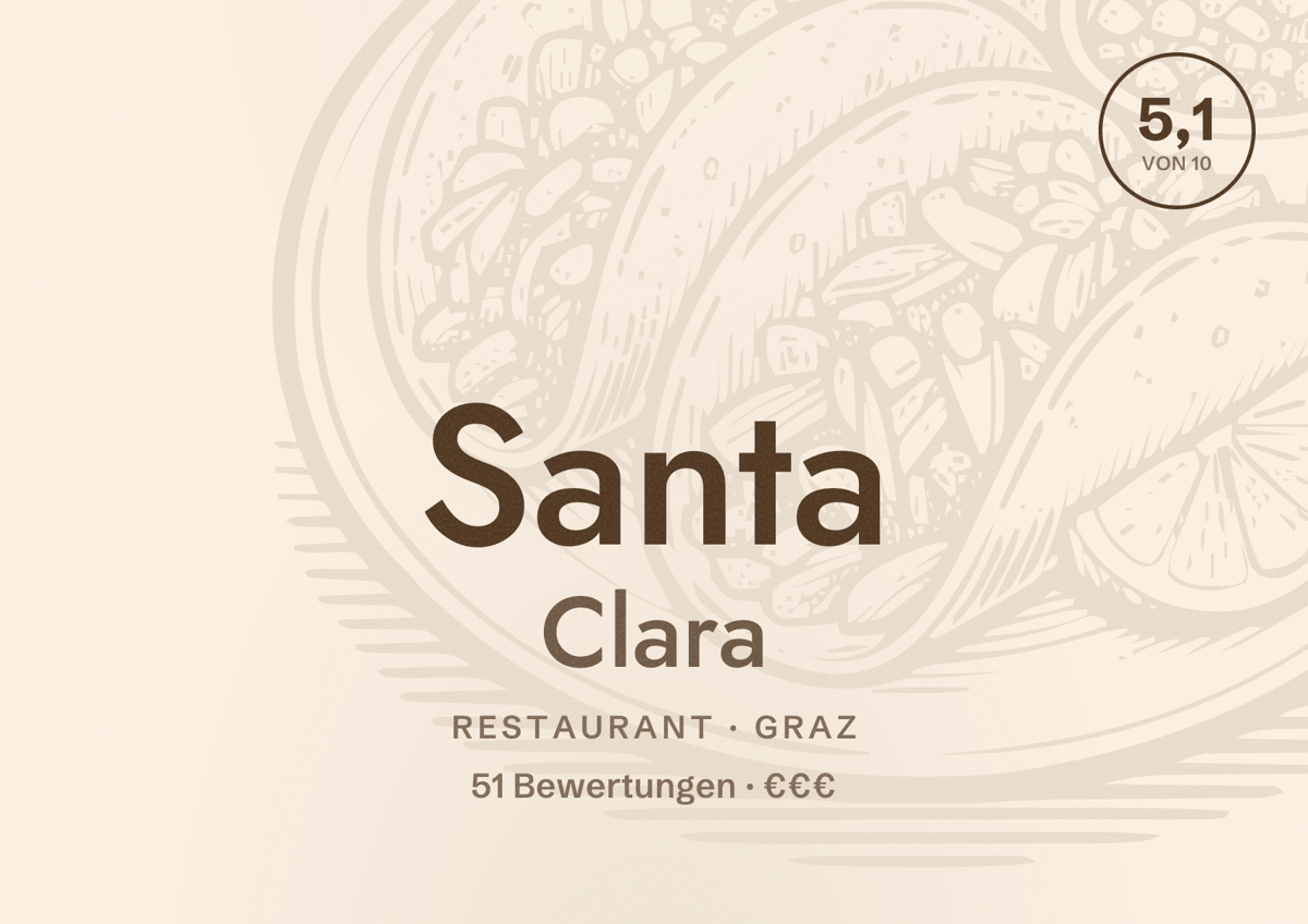 Illustriertes Poster von Santa Clara, Restaurant in Graz: Bewertung 5,1 von 10 aus 51 Bewertungen, Preisniveau €€€