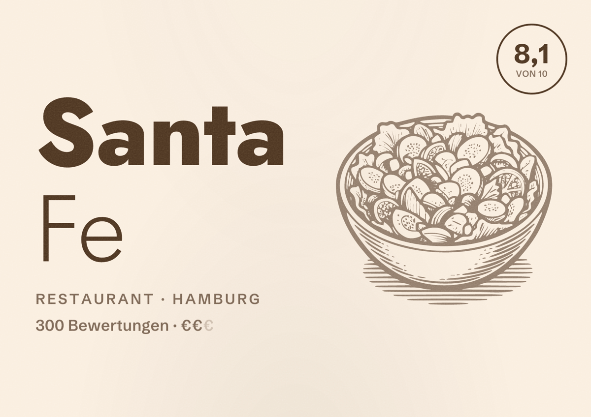 Illustriertes Poster von Santa Fe, Restaurant in Hamburg: Bewertung 8,1 von 10 aus 300 Bewertungen, Preisniveau €€
