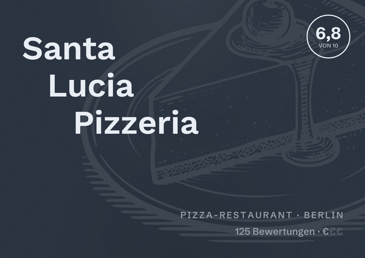 Illustriertes Poster von Santa Lucia Pizzeria, Pizza-Restaurant in Berlin: Bewertung 6,8 von 10 aus 125 Bewertungen, Preisniveau €
