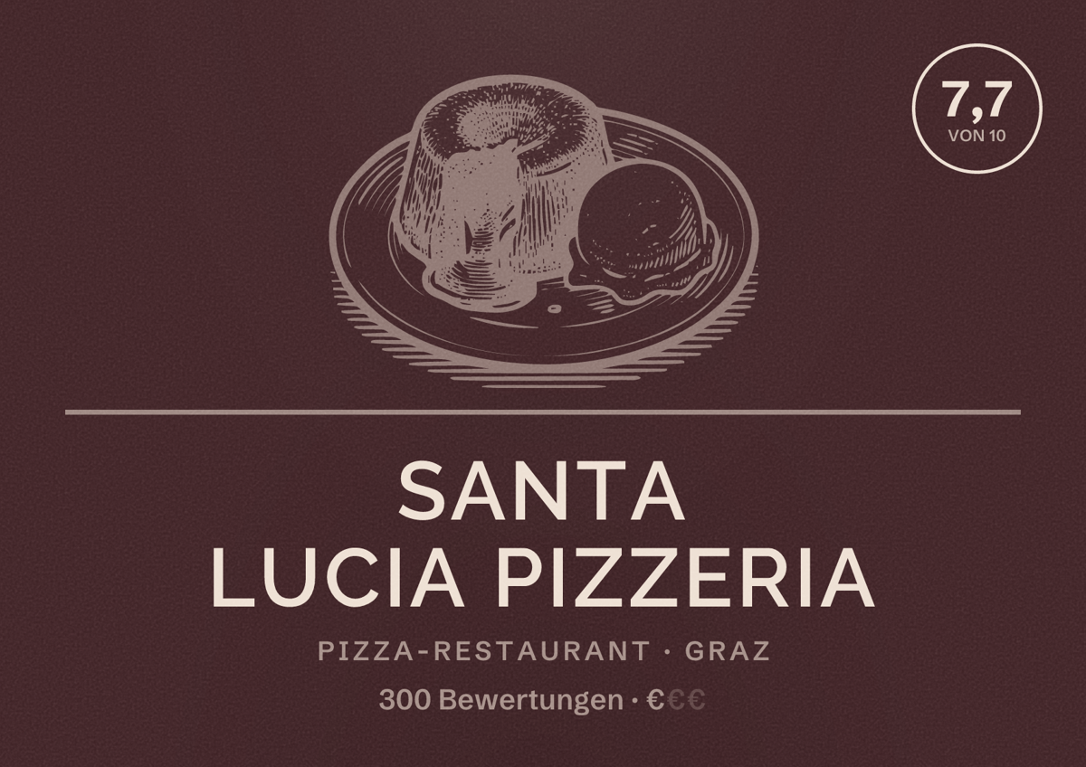 Illustriertes Poster von Santa Lucia Pizzeria, Pizza-Restaurant in Graz: Bewertung 7,7 von 10 aus 300 Bewertungen, Preisniveau €