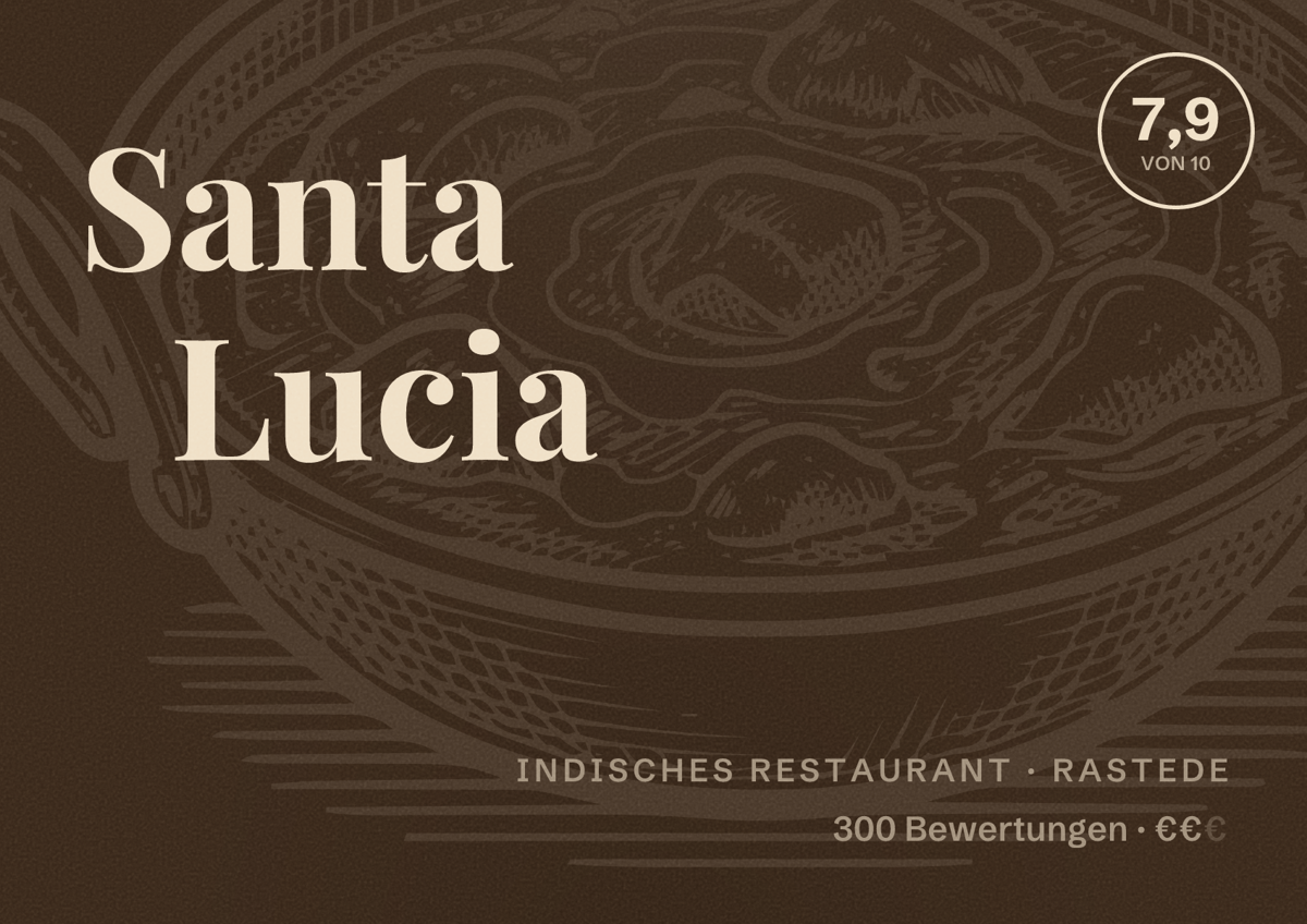 Illustriertes Poster von Santa Lucia, Indisches Restaurant in Rastede: Bewertung 7,9 von 10 aus 300 Bewertungen, Preisniveau €€