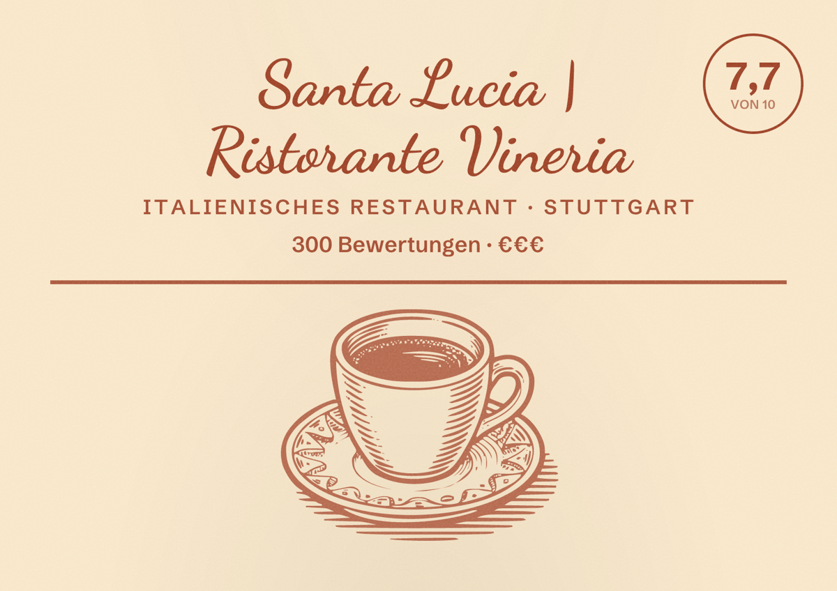 Illustriertes Poster von Santa Lucia | Ristorante Vineria, Italienisches Restaurant in Stuttgart: Bewertung 7,7 von 10 aus 300 Bewertungen, Preisniveau €€€