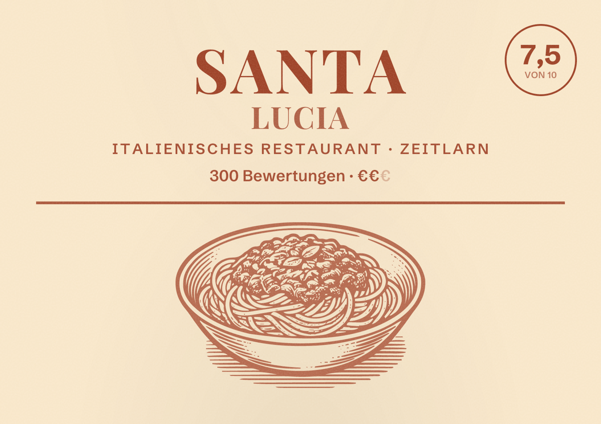 Illustriertes Poster von Santa Lucia, Italienisches Restaurant in Zeitlarn: Bewertung 7,5 von 10 aus 300 Bewertungen, Preisniveau €€
