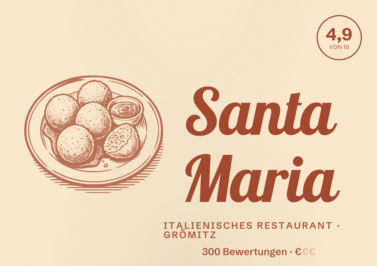 Illustriertes Poster von Santa Maria, Italienisches Restaurant in Grömitz: Bewertung 4,9 von 10 aus 300 Bewertungen, Preisniveau €