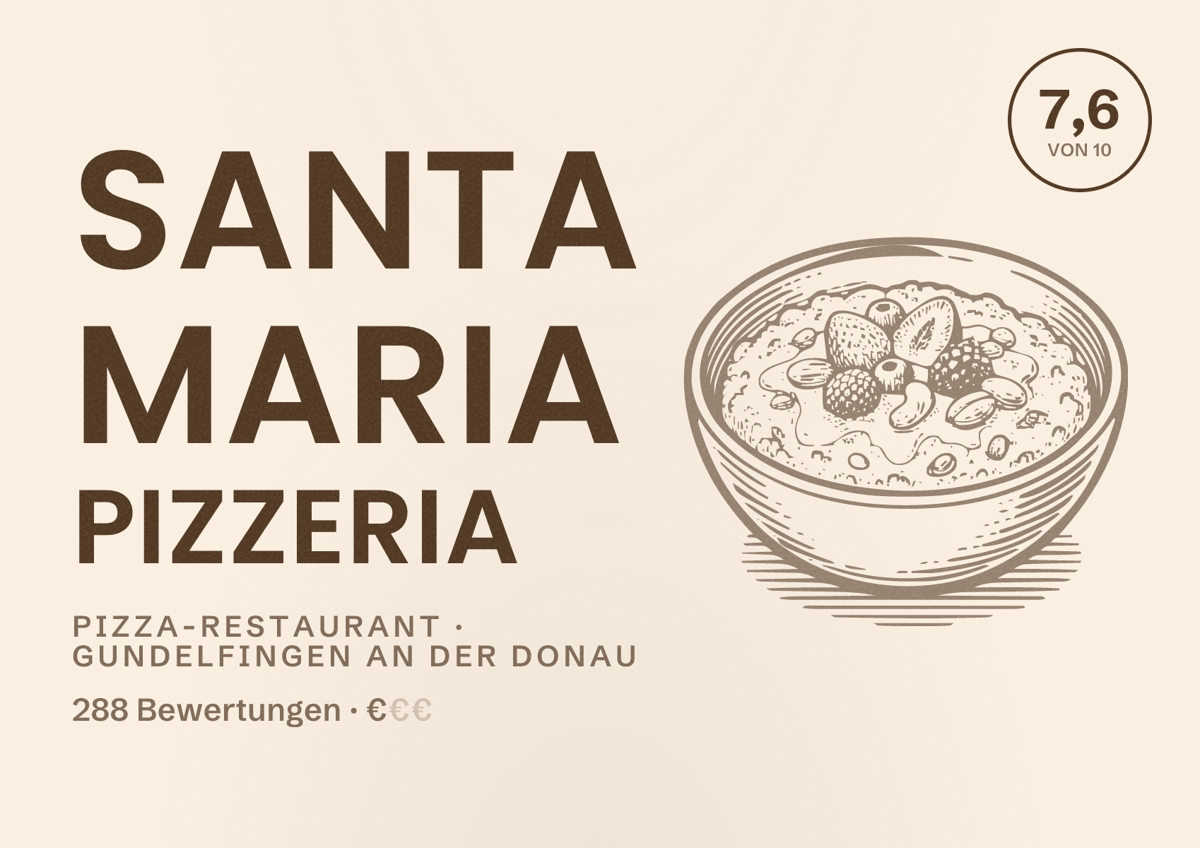 Illustriertes Poster von Santa Maria Pizzeria, Pizza-Restaurant in Gundelfingen an der Donau: Bewertung 7,6 von 10 aus 288 Bewertungen, Preisniveau €