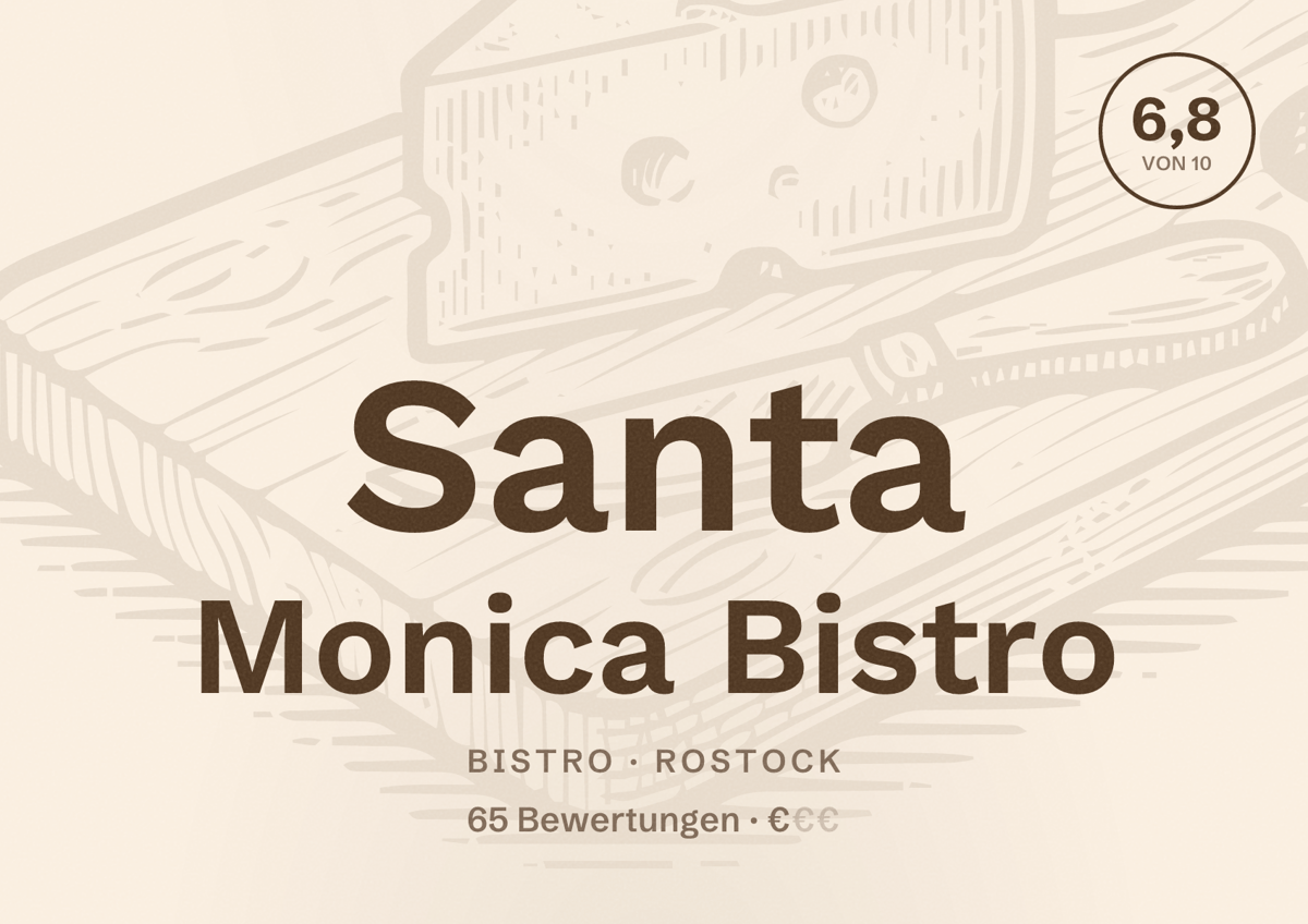 Illustriertes Poster von Santa Monica Bistro, Bistro in Rostock: Bewertung 6,8 von 10 aus 65 Bewertungen, Preisniveau €