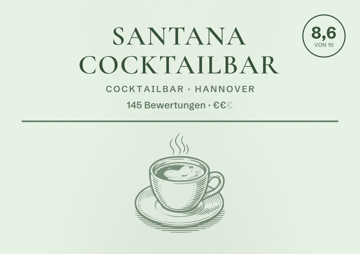 Illustriertes Poster von Santana Cocktailbar, Cocktailbar in Hannover: Bewertung 8,6 von 10 aus 145 Bewertungen, Preisniveau €€