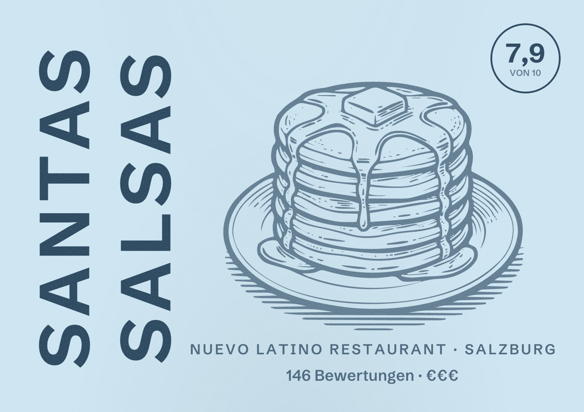 Illustriertes Poster von Santas Salsas, Nuevo Latino Restaurant in Salzburg: Bewertung 7,9 von 10 aus 146 Bewertungen, Preisniveau €€€