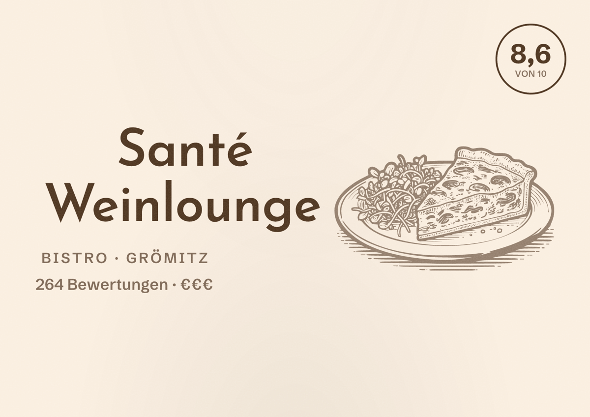 Illustriertes Poster von Santé Weinlounge, Bistro in Grömitz: Bewertung 8,6 von 10 aus 264 Bewertungen, Preisniveau €€€