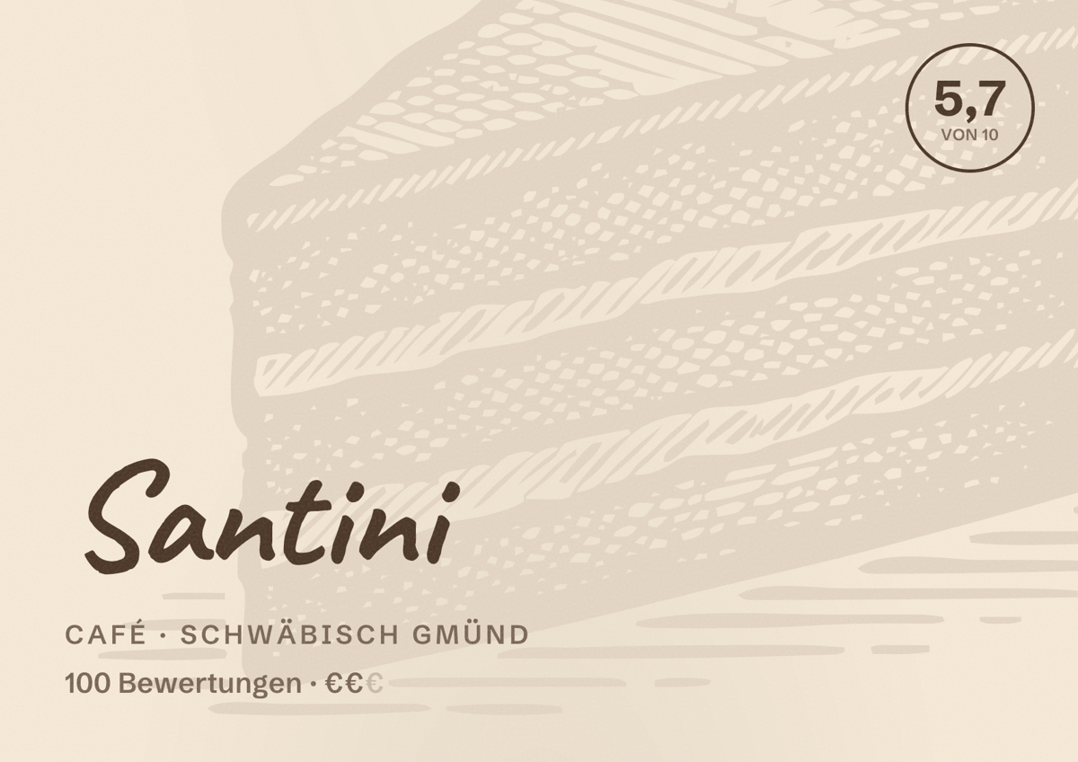 Illustriertes Poster von Santini, Café in Schwäbisch Gmünd: Bewertung 5,7 von 10 aus 100 Bewertungen, Preisniveau €€