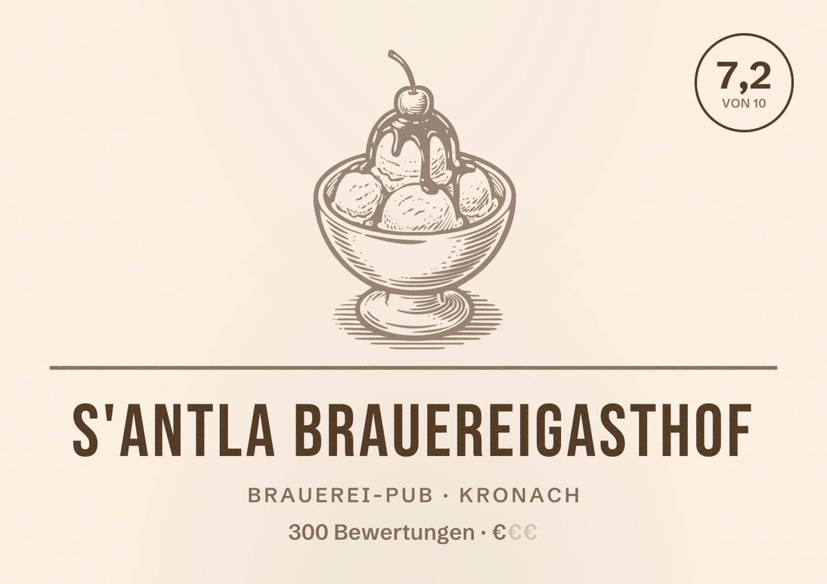 Illustriertes Poster von s'Antla Brauereigasthof, Brauerei-Pub in Kronach: Bewertung 7,2 von 10 aus 300 Bewertungen, Preisniveau €