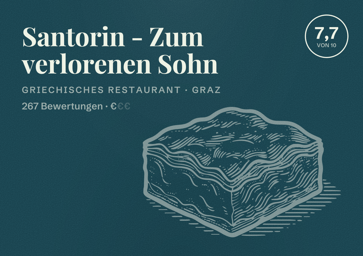 Illustriertes Poster von Santorin - Zum verlorenen Sohn, Griechisches Restaurant in Graz: Bewertung 7,7 von 10 aus 267 Bewertungen, Preisniveau €