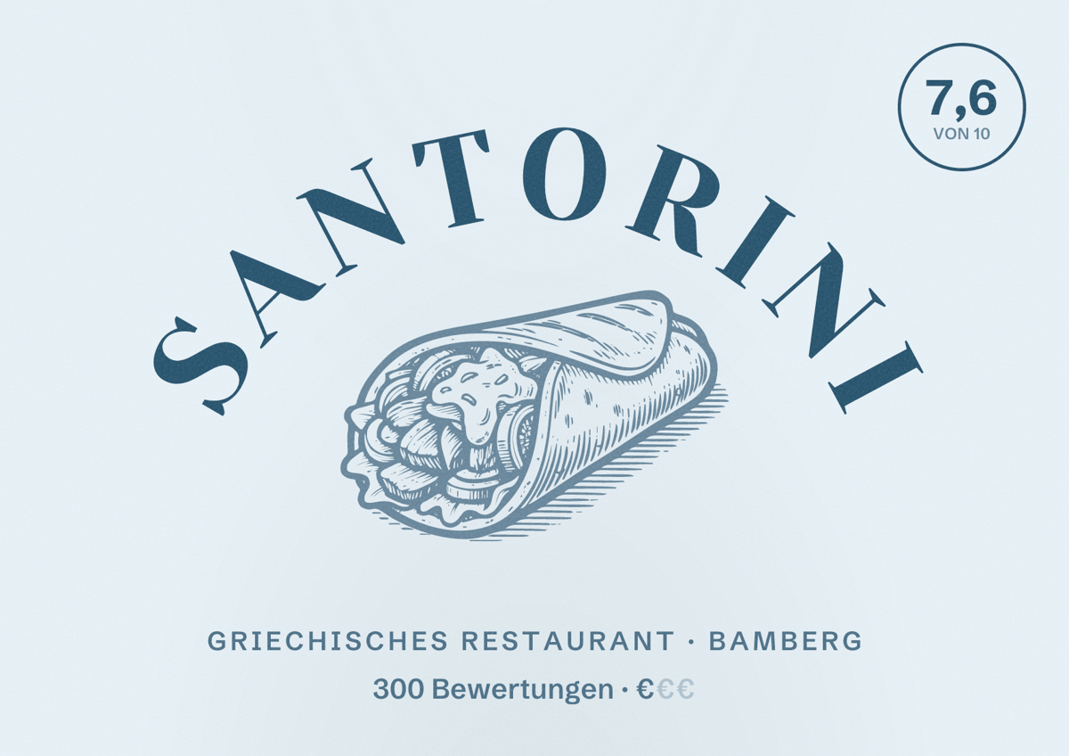 Illustriertes Poster von Santorini, Griechisches Restaurant in Bamberg: Bewertung 7,6 von 10 aus 300 Bewertungen, Preisniveau €