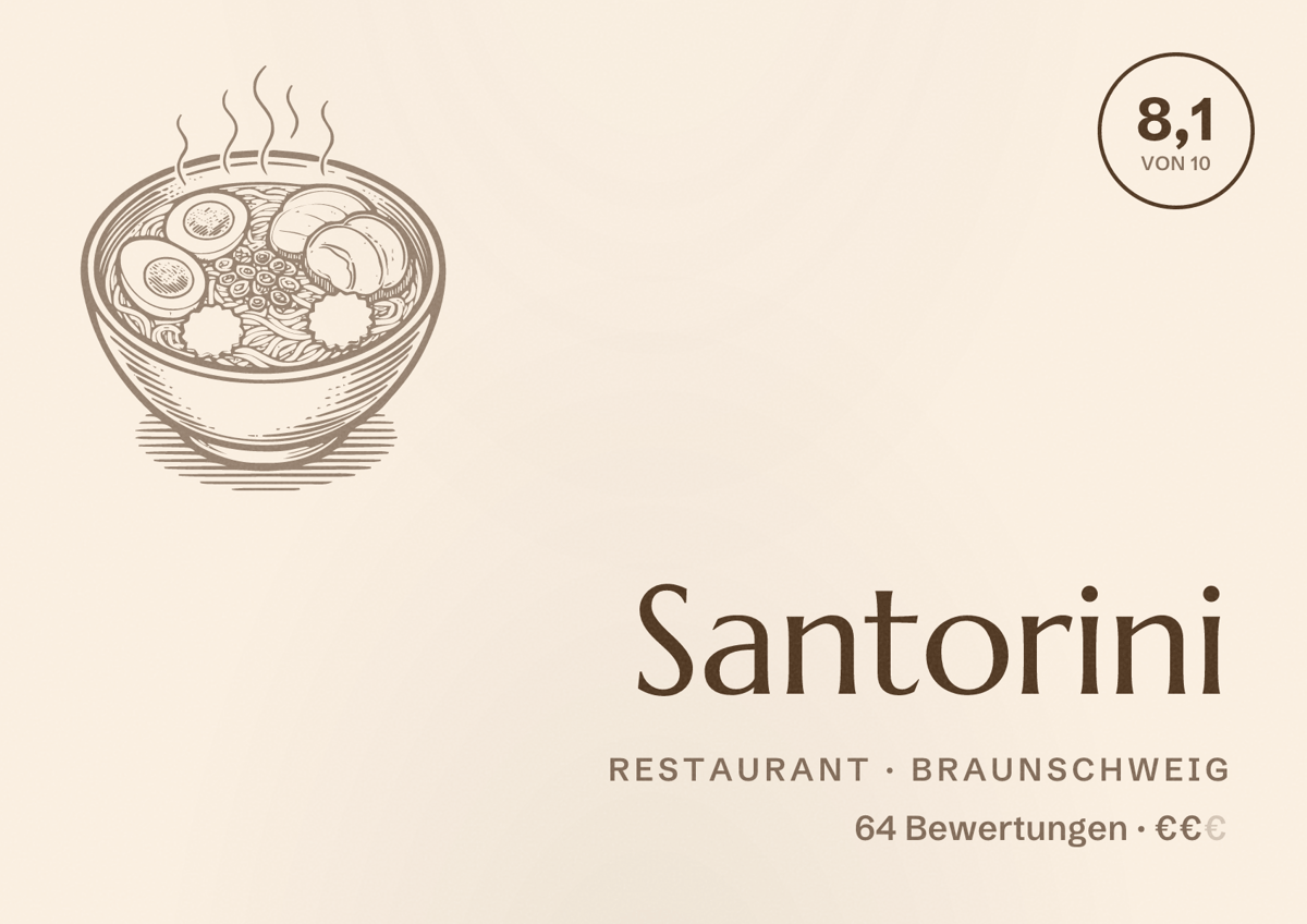 Illustriertes Poster von Santorini, Restaurant in Braunschweig: Bewertung 8,1 von 10 aus 64 Bewertungen, Preisniveau €€