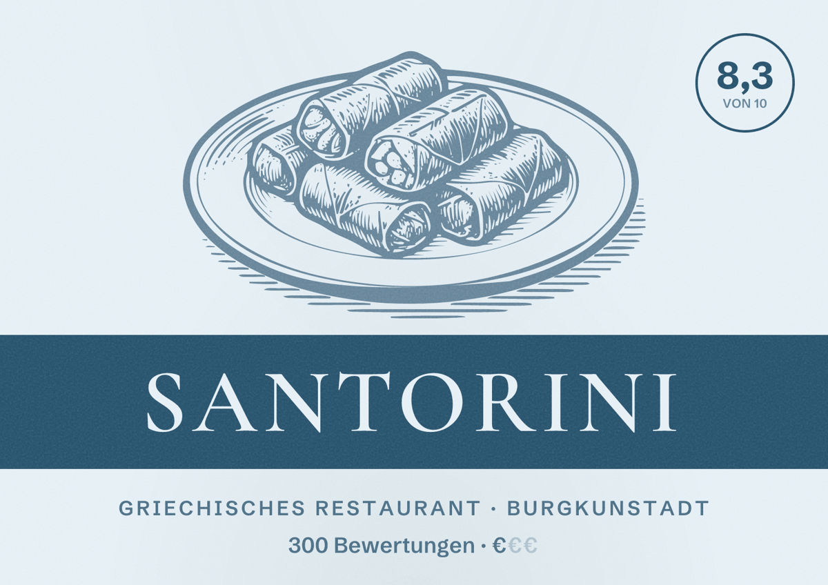 Illustriertes Poster von Santorini, Griechisches Restaurant in Burgkunstadt: Bewertung 8,3 von 10 aus 300 Bewertungen, Preisniveau €