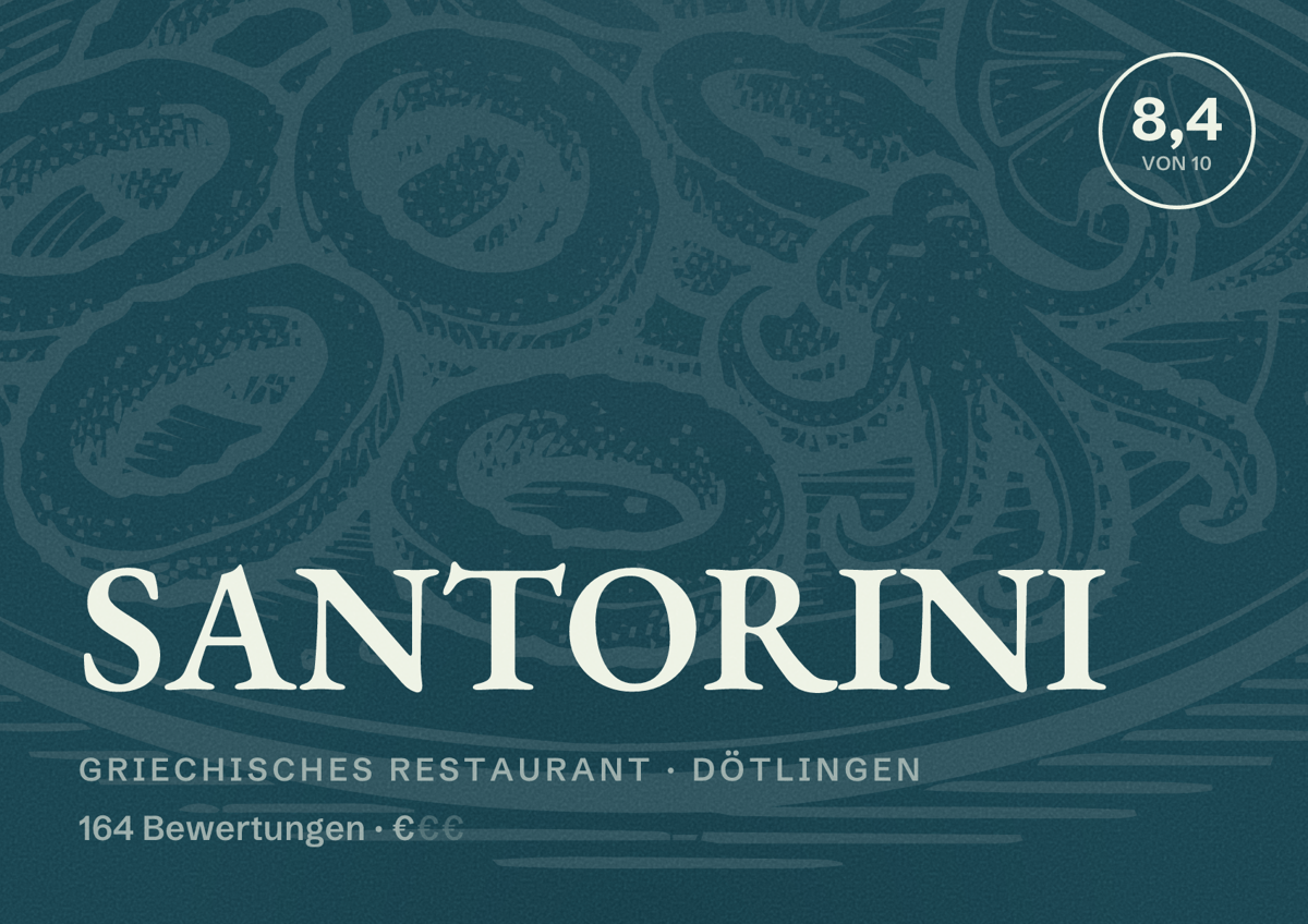 Illustriertes Poster von SANTORINI, Griechisches Restaurant in Dötlingen: Bewertung 8,4 von 10 aus 164 Bewertungen, Preisniveau €