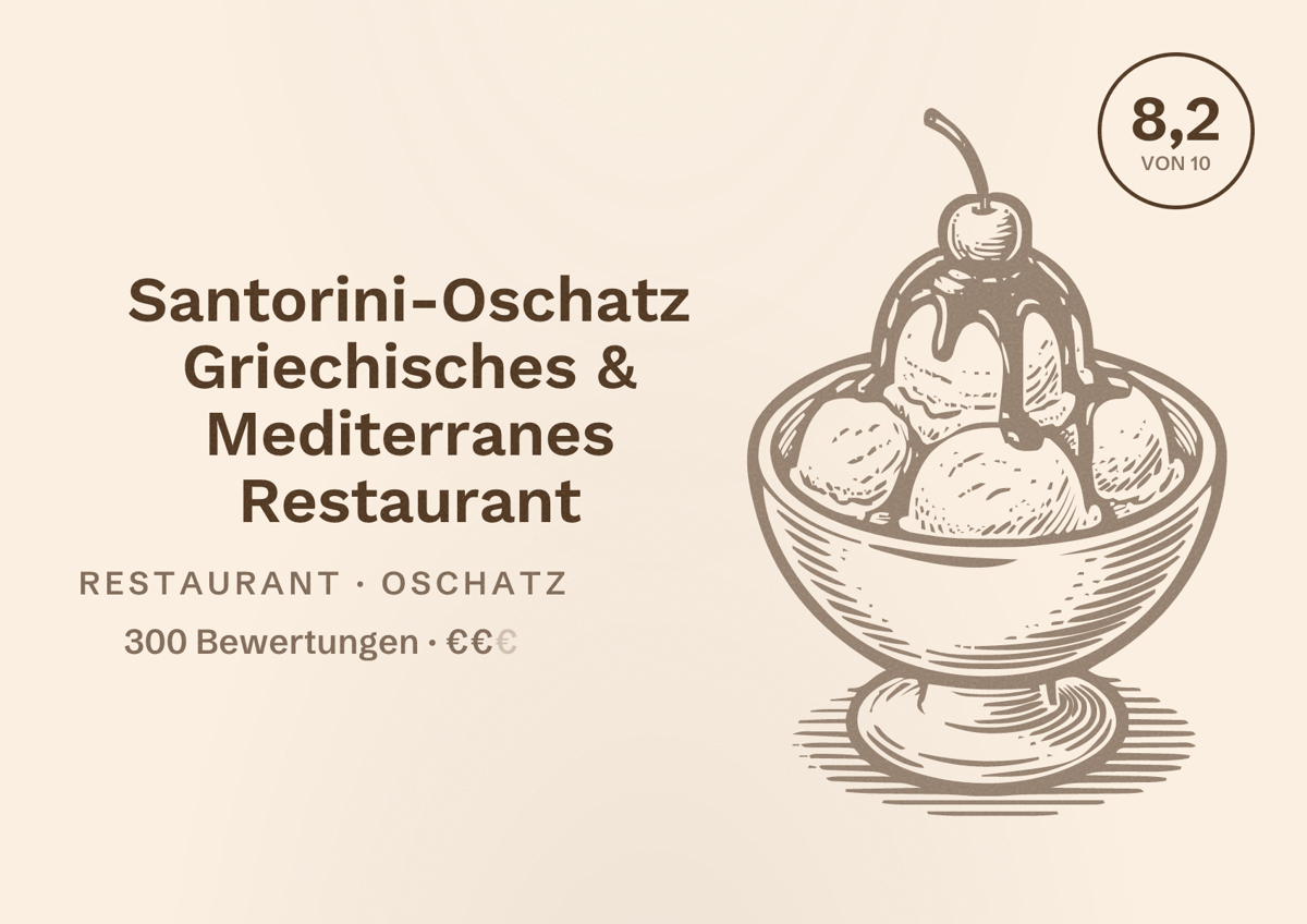 Illustriertes Poster von Santorini-Oschatz Griechisches & Mediterranes Restaurant, Restaurant in Oschatz: Bewertung 8,2 von 10 aus 300 Bewertungen, Preisniveau €€