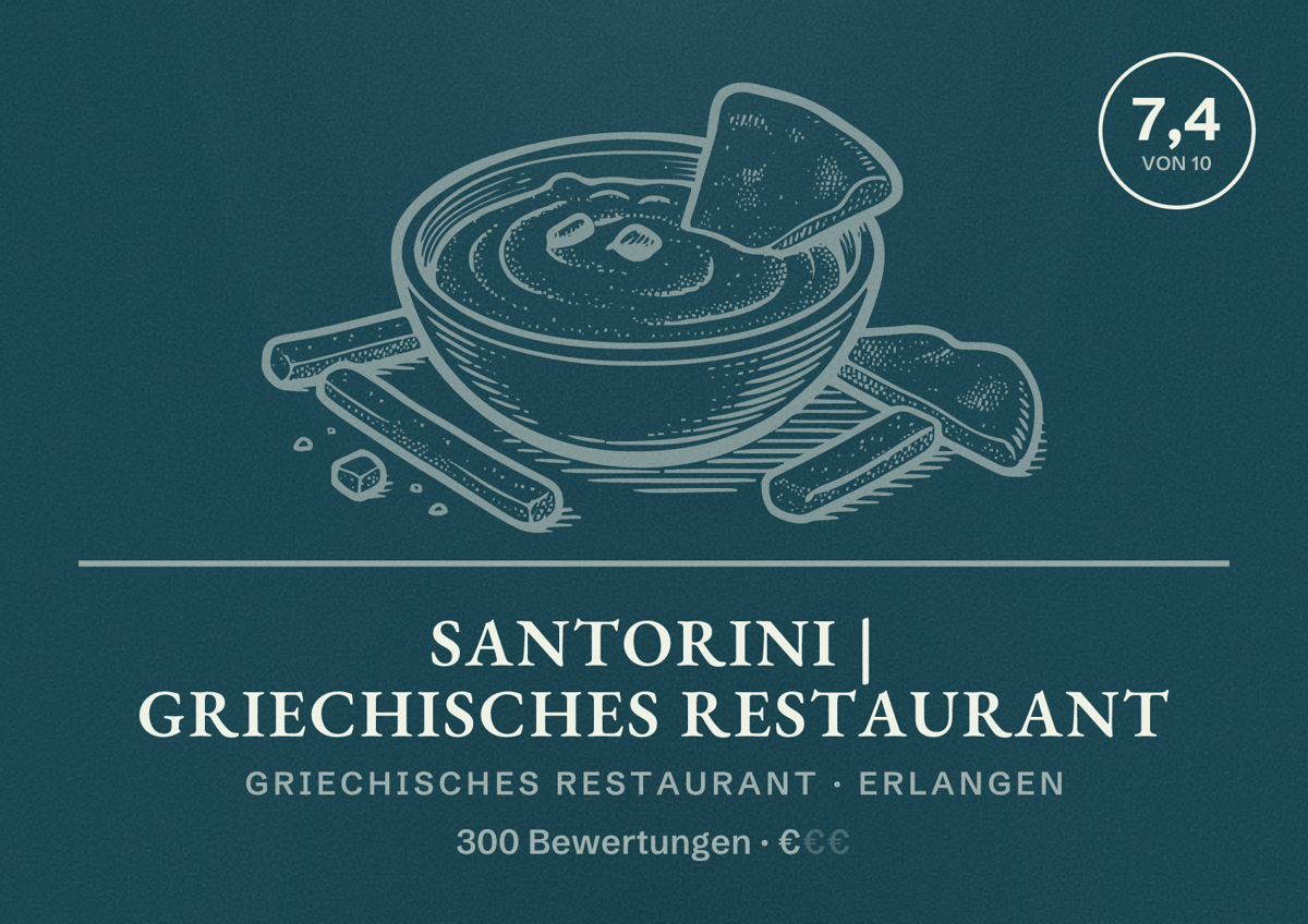 Illustriertes Poster von Santorini | Griechisches Restaurant, Griechisches Restaurant in Erlangen: Bewertung 7,4 von 10 aus 300 Bewertungen, Preisniveau €