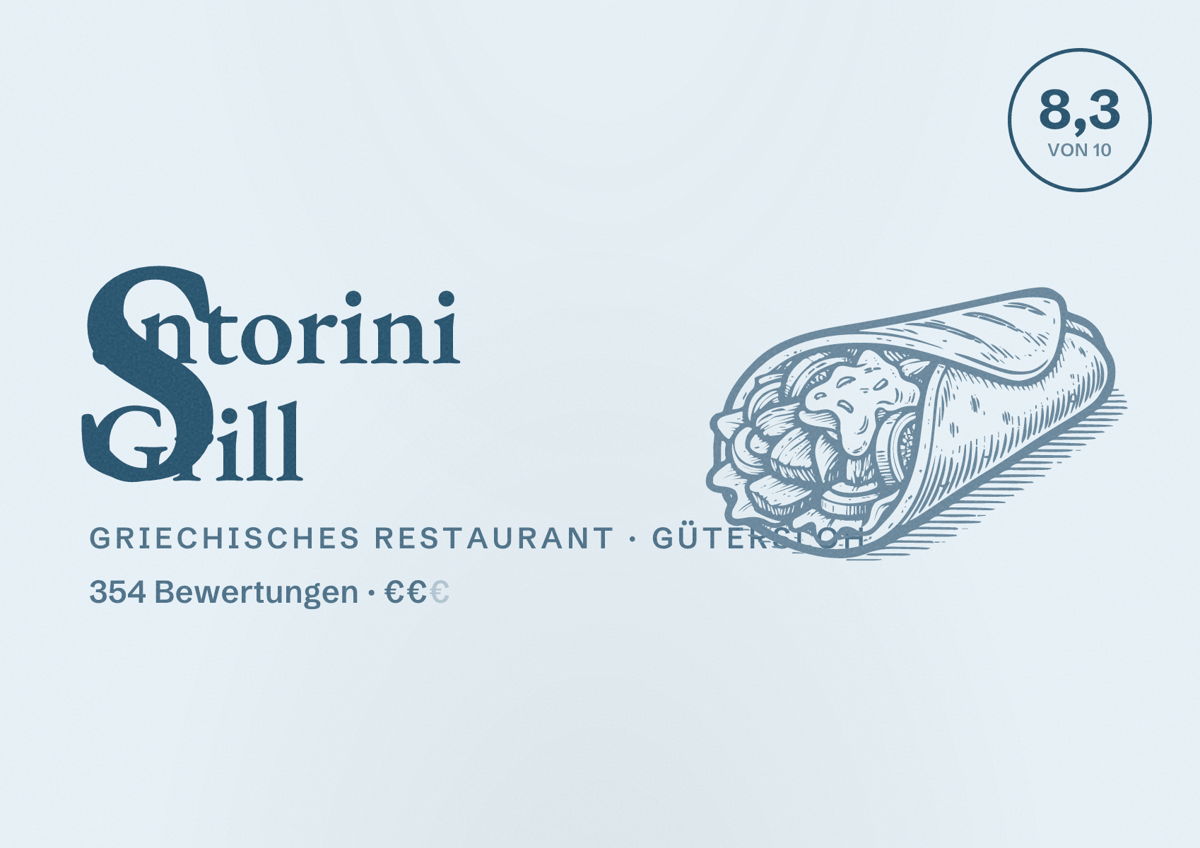 Illustriertes Poster von Santorini Grill, Griechisches Restaurant in Gütersloh: Bewertung 8,3 von 10 aus 354 Bewertungen, Preisniveau €€