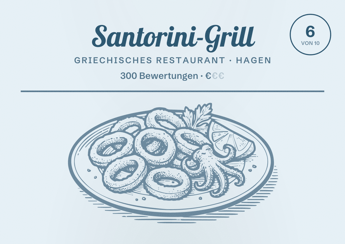 Illustriertes Poster von Santorini-Grill, Griechisches Restaurant in Hagen: Bewertung 6 von 10 aus 300 Bewertungen, Preisniveau €