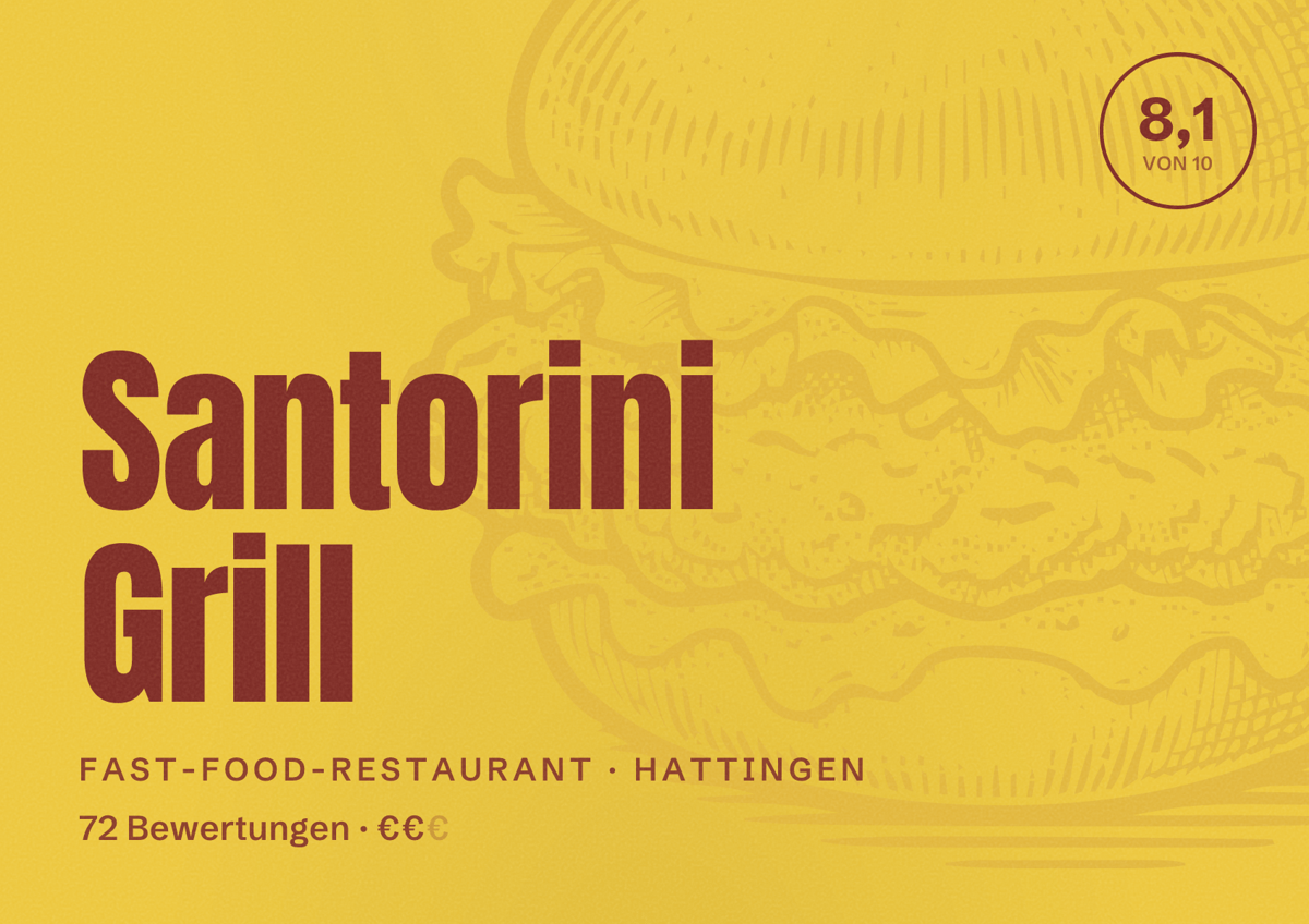 Illustriertes Poster von Santorini Grill, Fast-Food-Restaurant in Hattingen: Bewertung 8,1 von 10 aus 72 Bewertungen, Preisniveau €€