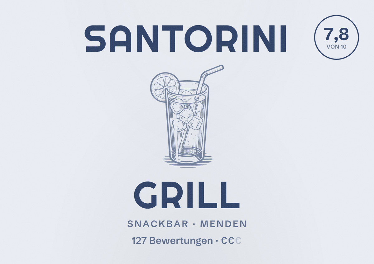 Illustriertes Poster von Santorini Grill, Snackbar in Menden: Bewertung 7,8 von 10 aus 127 Bewertungen, Preisniveau €€