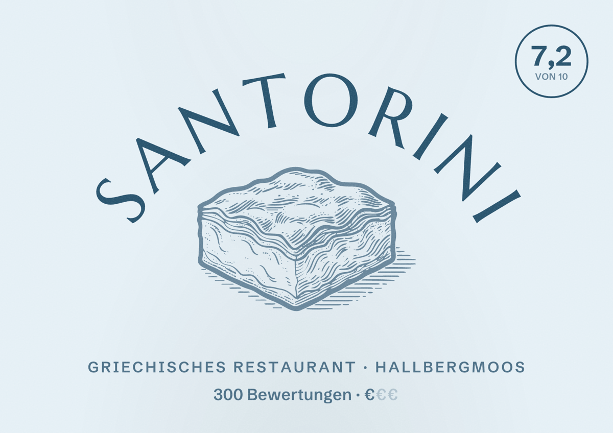 Illustriertes Poster von SANTORINI, Griechisches Restaurant in Hallbergmoos: Bewertung 7,2 von 10 aus 300 Bewertungen, Preisniveau €