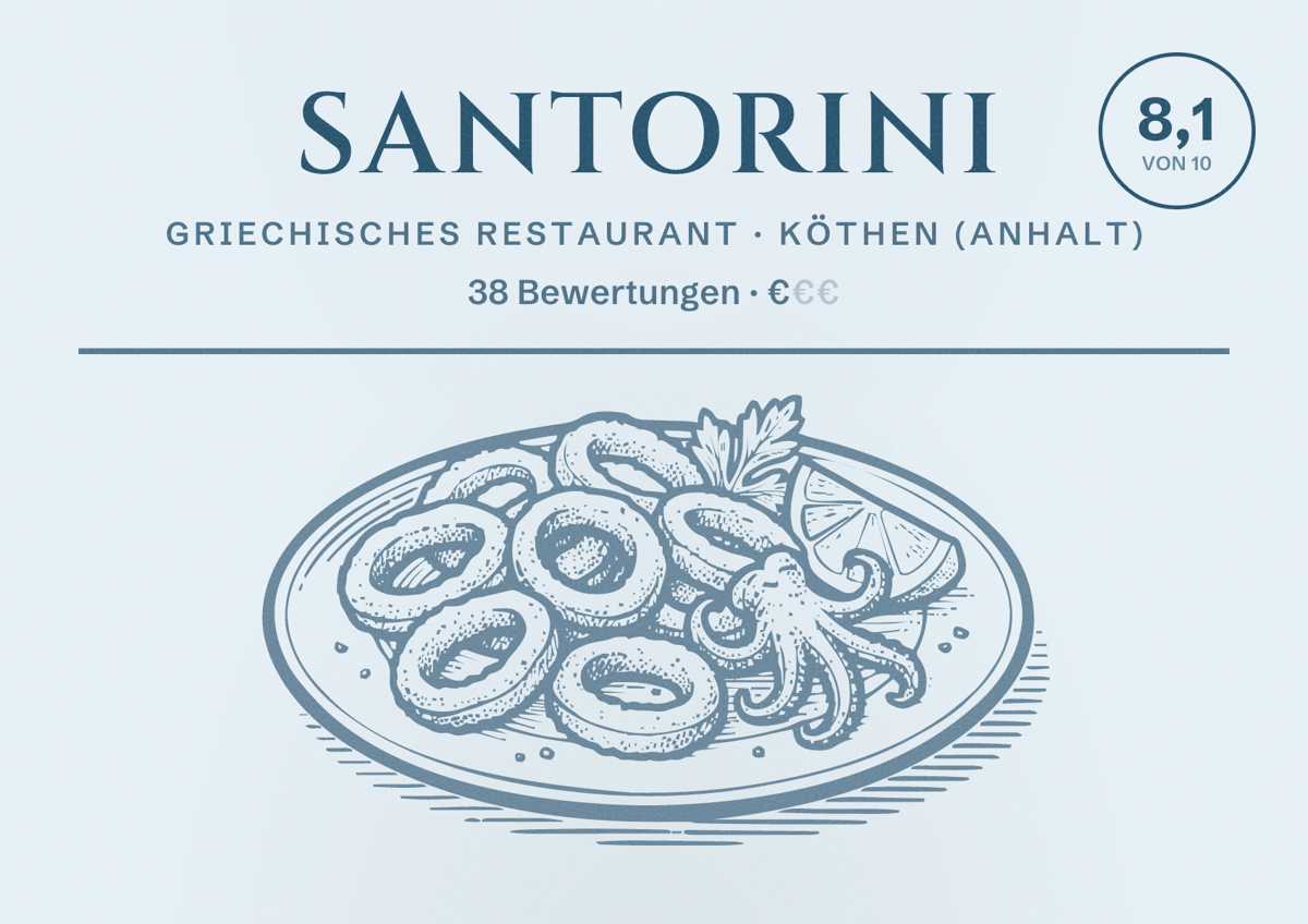 Illustriertes Poster von Santorini, Griechisches Restaurant in Köthen (Anhalt): Bewertung 8,1 von 10 aus 38 Bewertungen, Preisniveau €