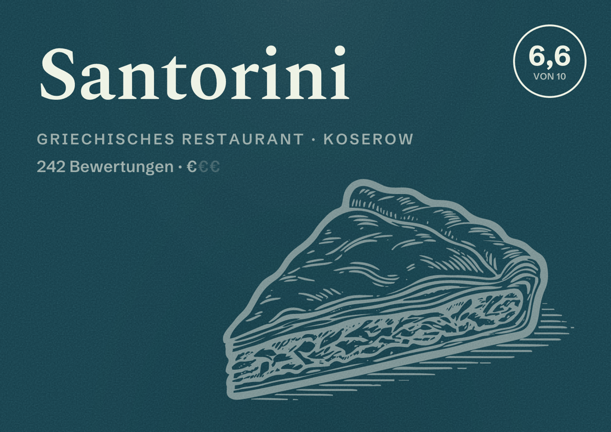 Illustriertes Poster von Santorini, Griechisches Restaurant in Koserow: Bewertung 6,6 von 10 aus 242 Bewertungen, Preisniveau €