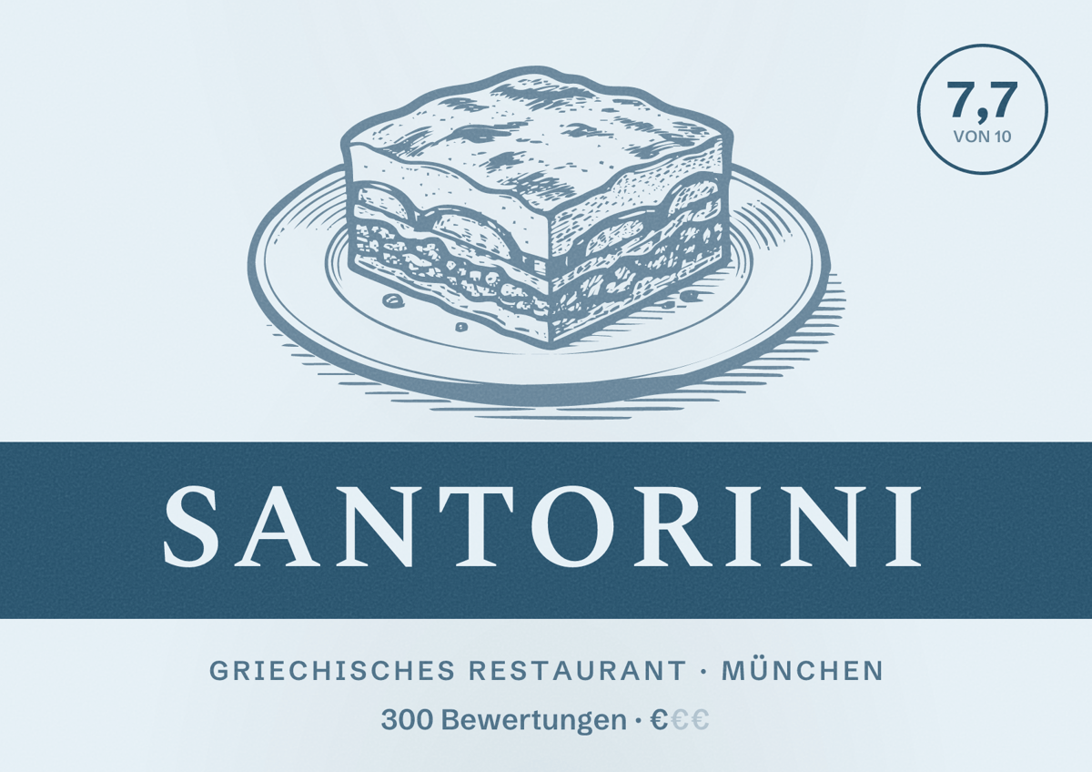 Illustriertes Poster von Santorini, Griechisches Restaurant in München: Bewertung 7,7 von 10 aus 300 Bewertungen, Preisniveau €