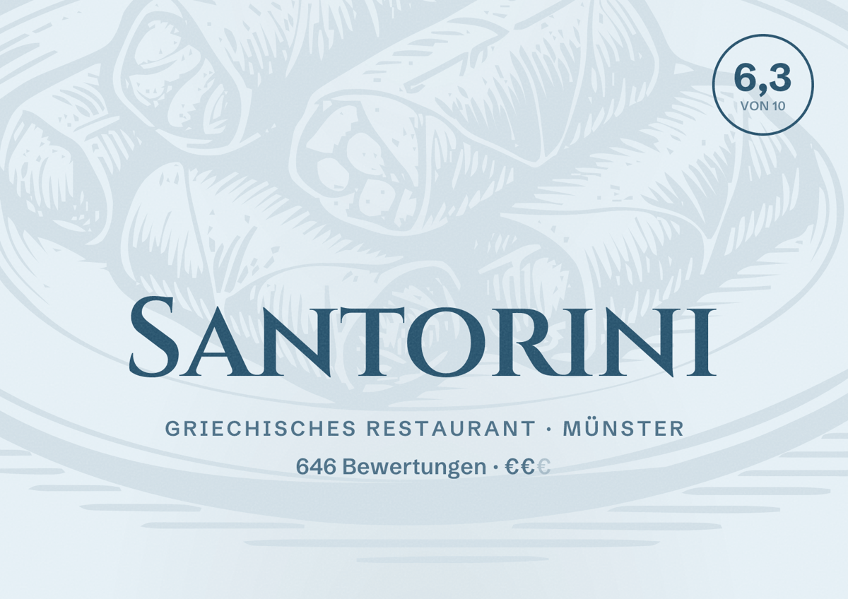 Illustriertes Poster von Santorini, Griechisches Restaurant in Münster: Bewertung 6,3 von 10 aus 646 Bewertungen, Preisniveau €€
