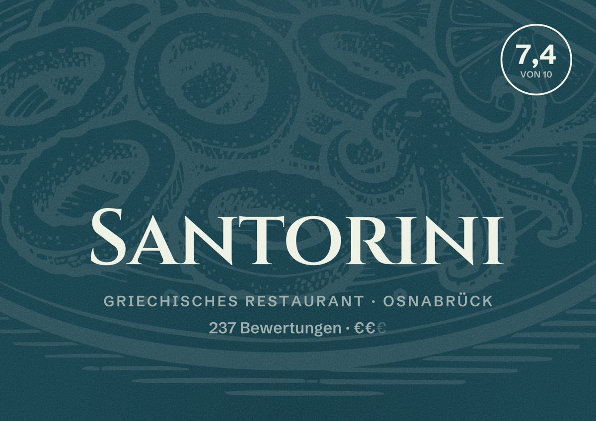 Illustriertes Poster von Santorini, Griechisches Restaurant in Osnabrück: Bewertung 7,4 von 10 aus 237 Bewertungen, Preisniveau €€