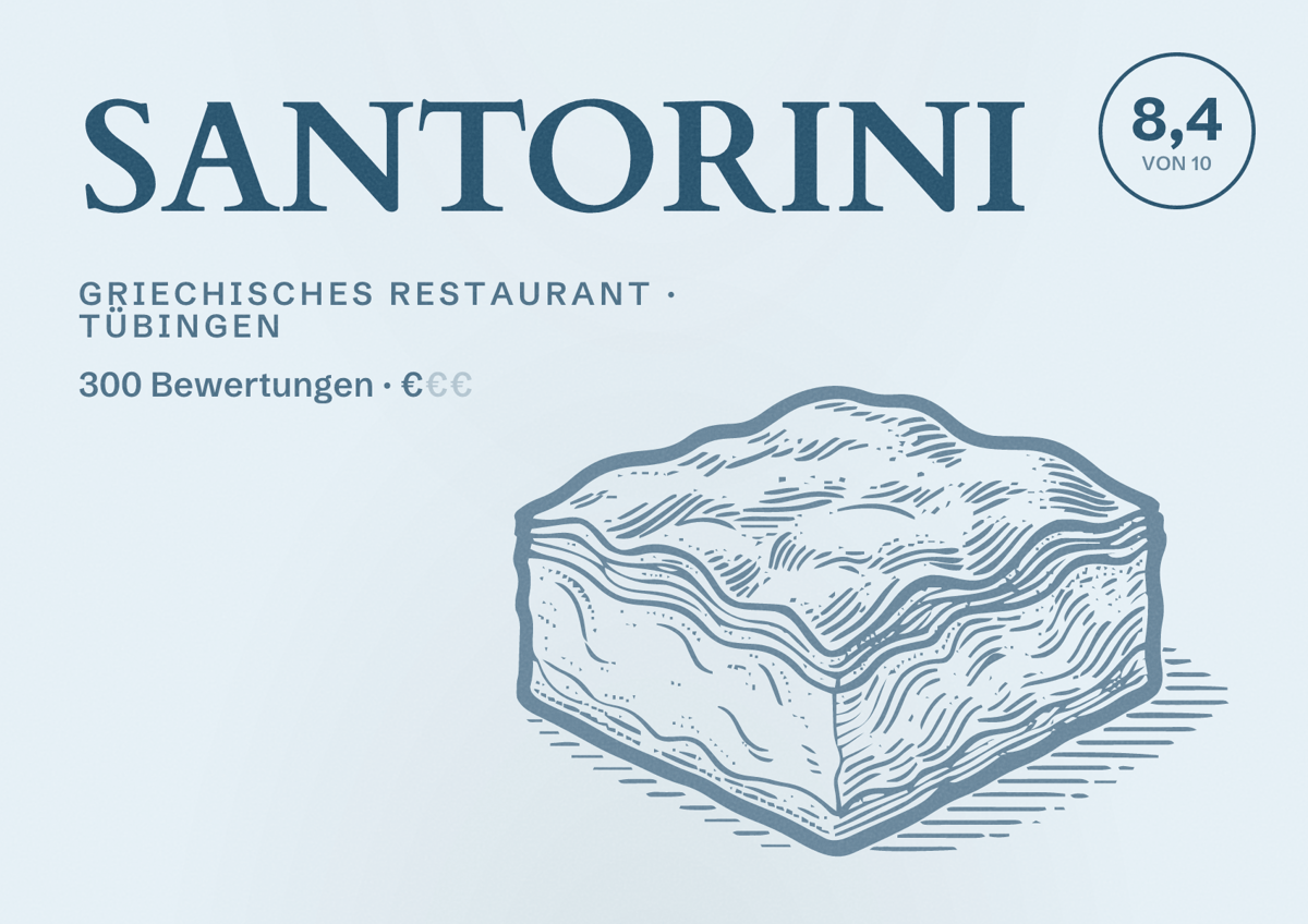 Illustriertes Poster von SANTORINI, Griechisches Restaurant in Tübingen: Bewertung 8,4 von 10 aus 300 Bewertungen, Preisniveau €