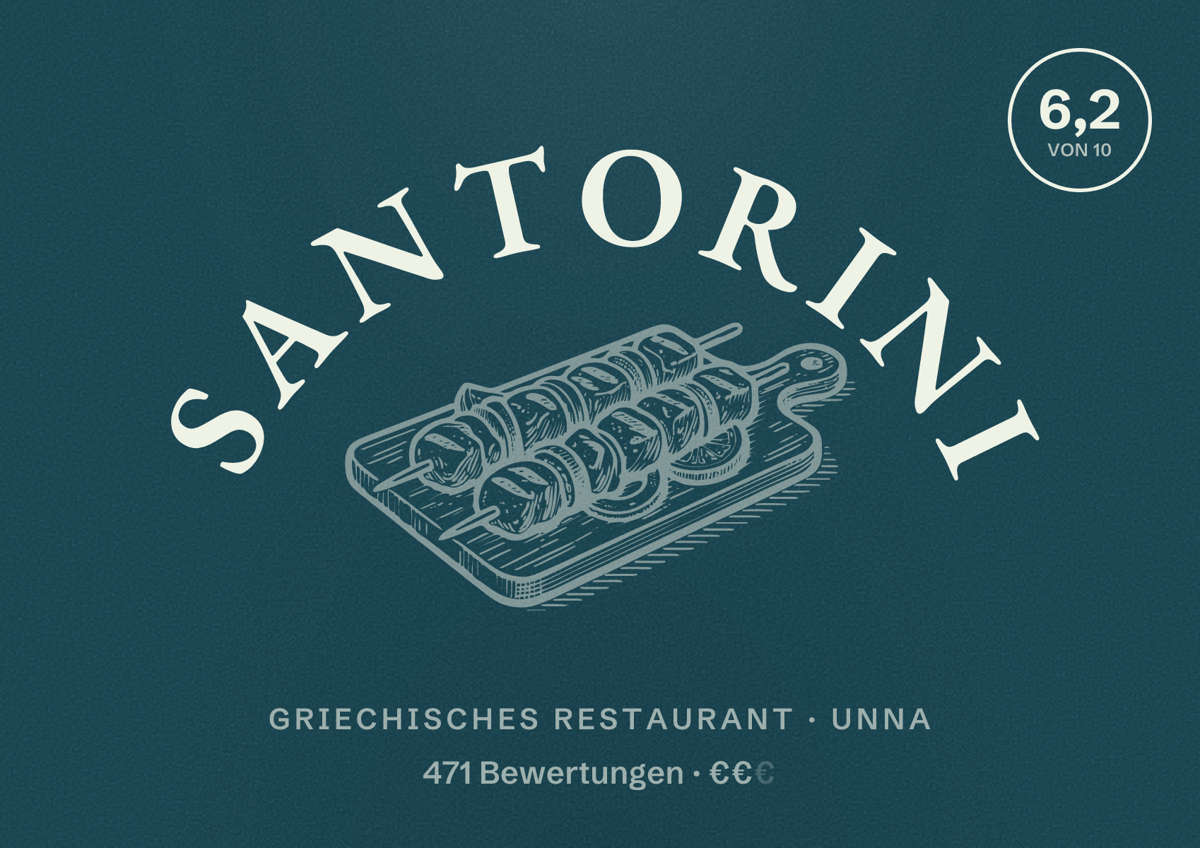 Illustriertes Poster von Santorini, Griechisches Restaurant in Unna: Bewertung 6,2 von 10 aus 471 Bewertungen, Preisniveau €€