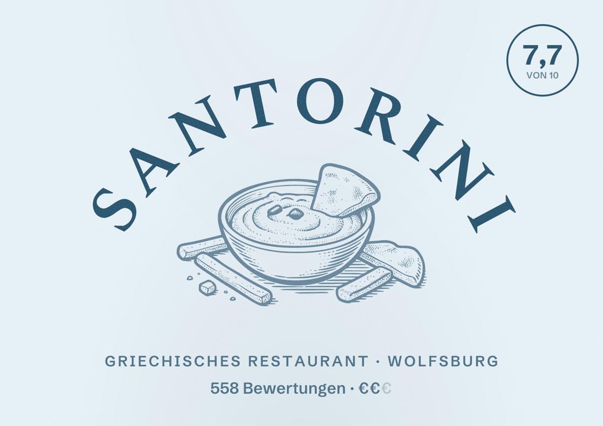 Illustriertes Poster von Santorini, Griechisches Restaurant in Wolfsburg: Bewertung 7,7 von 10 aus 558 Bewertungen, Preisniveau €€