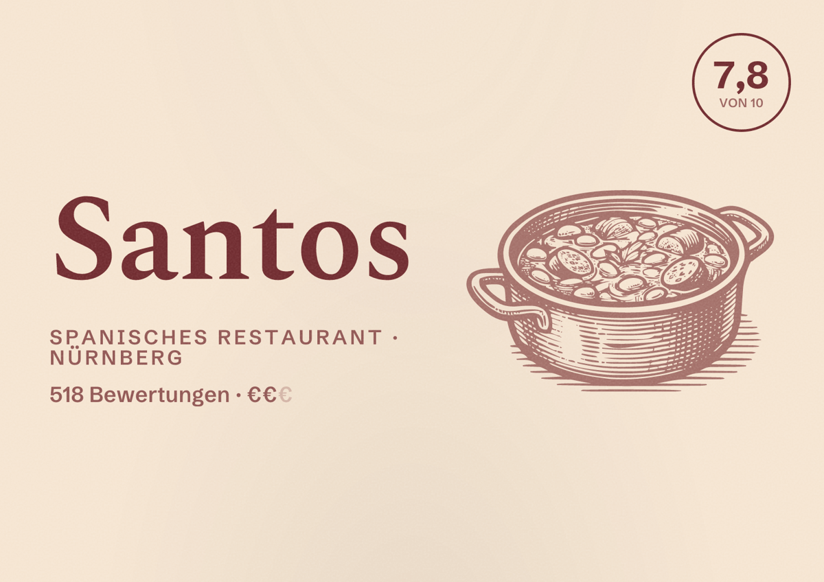 Illustriertes Poster von Santos, Spanisches Restaurant in Nürnberg: Bewertung 7,8 von 10 aus 518 Bewertungen, Preisniveau €€