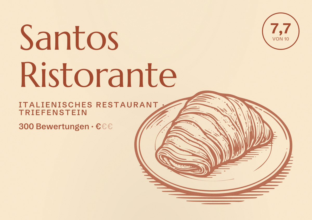 Illustriertes Poster von Santos Ristorante, Italienisches Restaurant in Triefenstein: Bewertung 7,7 von 10 aus 300 Bewertungen, Preisniveau €