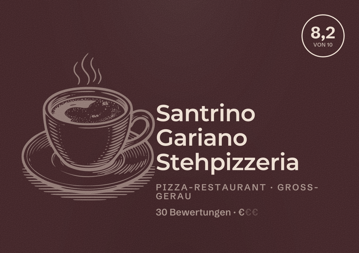 Illustriertes Poster von Santrino Gariano Stehpizzeria, Pizza-Restaurant in Groß-Gerau: Bewertung 8,2 von 10 aus 30 Bewertungen, Preisniveau €