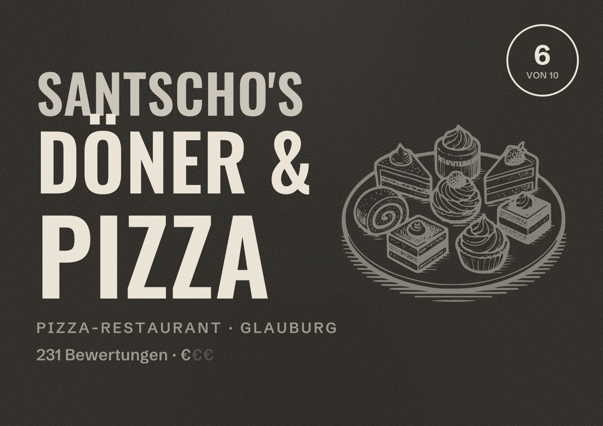 Illustriertes Poster von Santscho's Döner & Pizza, Pizza-Restaurant in Glauburg: Bewertung 6 von 10 aus 231 Bewertungen, Preisniveau €