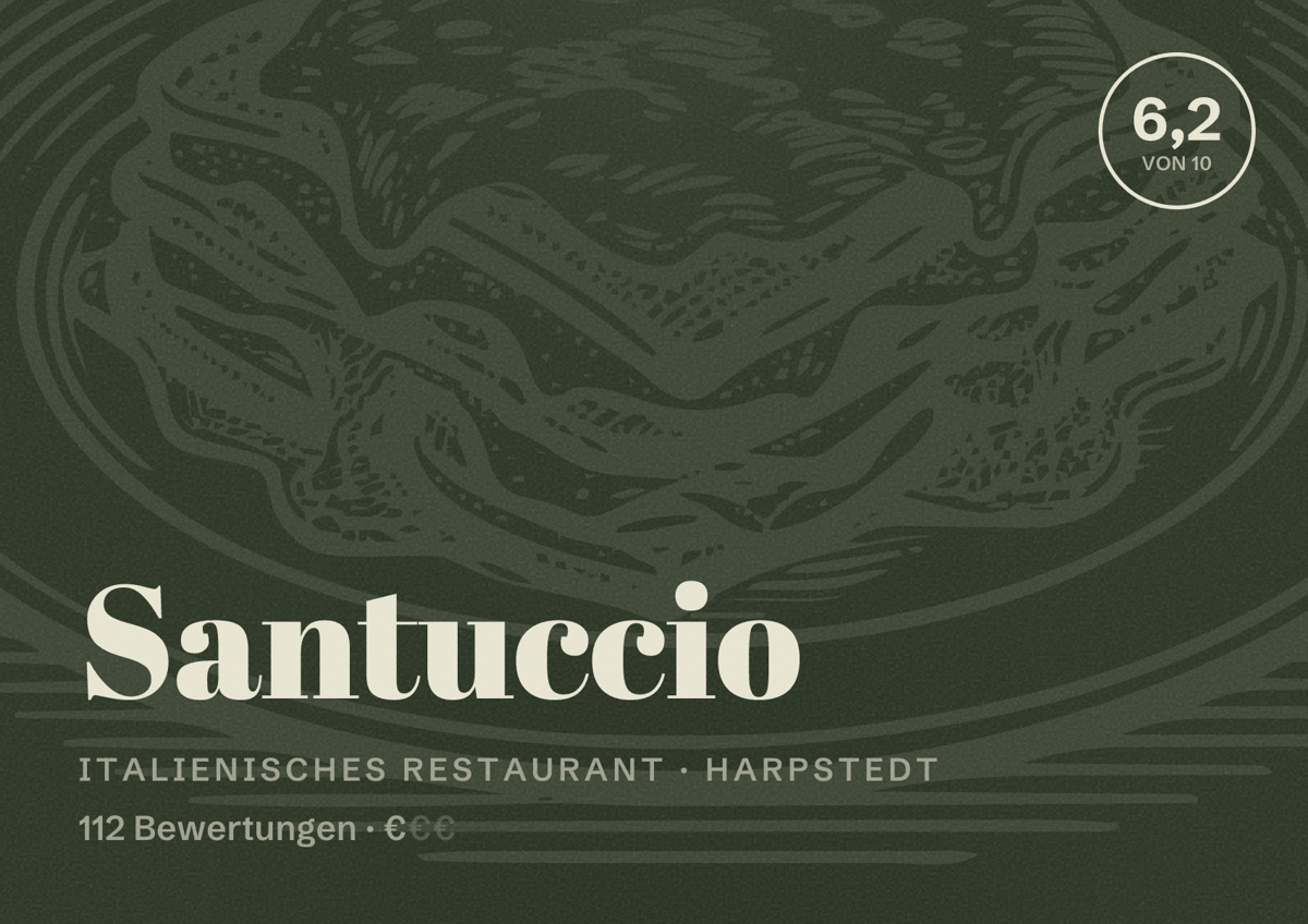 Illustriertes Poster von Santuccio, Italienisches Restaurant in Harpstedt: Bewertung 6,2 von 10 aus 112 Bewertungen, Preisniveau €